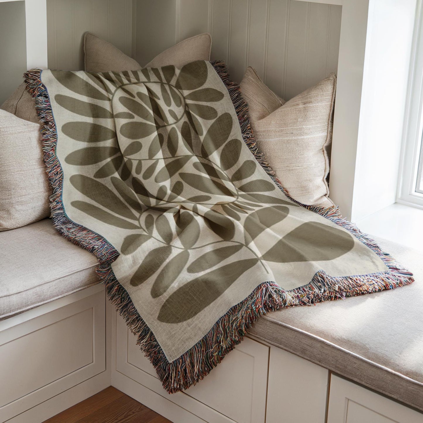 Woven Throw Blanket - Mid Century Throw With Scandi Leaves Pattern & Fringed Edge