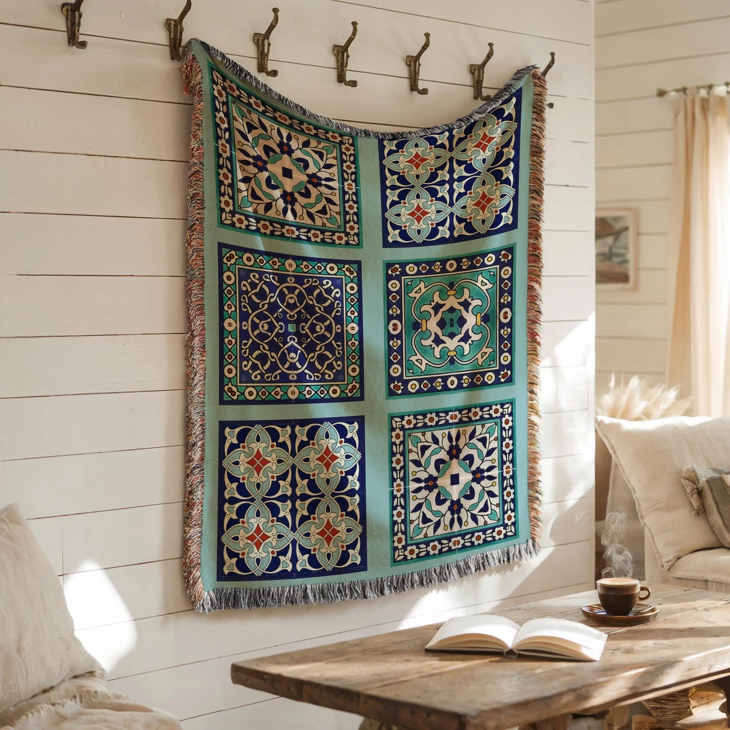 Cotton Throw Blanket - Persian Tile Tapestry | Boho Bedroom Accent & Cozy Couch