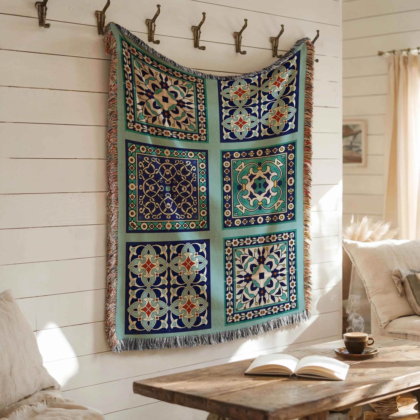 Cotton Throw Blanket - Persian Tile Tapestry for Boho Bedroom Accents & Cozy Couch - timelessbohochic.com