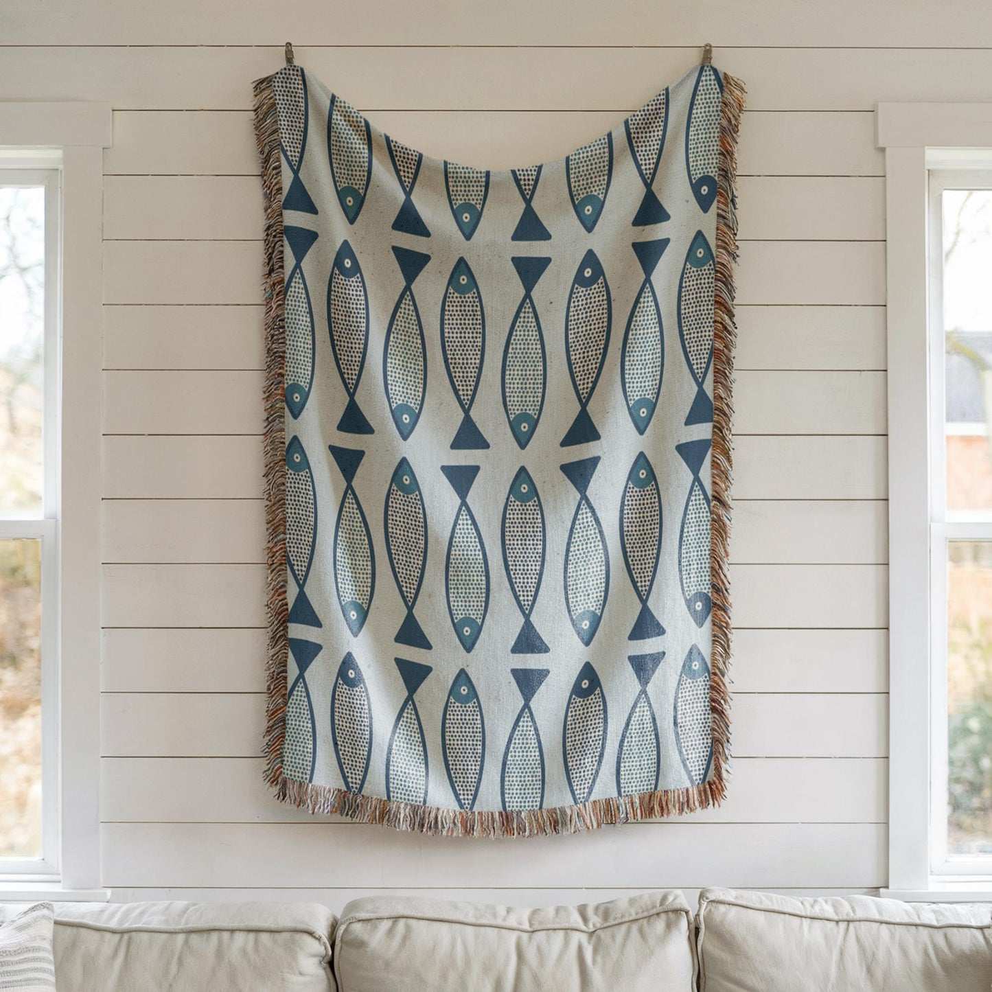 Coastal Woven Blanket – Nautical Beach Throw With Fish Pattern & Fringed Edges