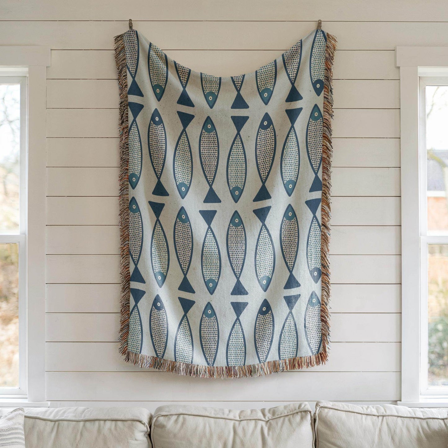 Coastal Woven Blanket – Nautical Beach Throw With Fish Pattern & Fringed Edges - timelessbohochic.com