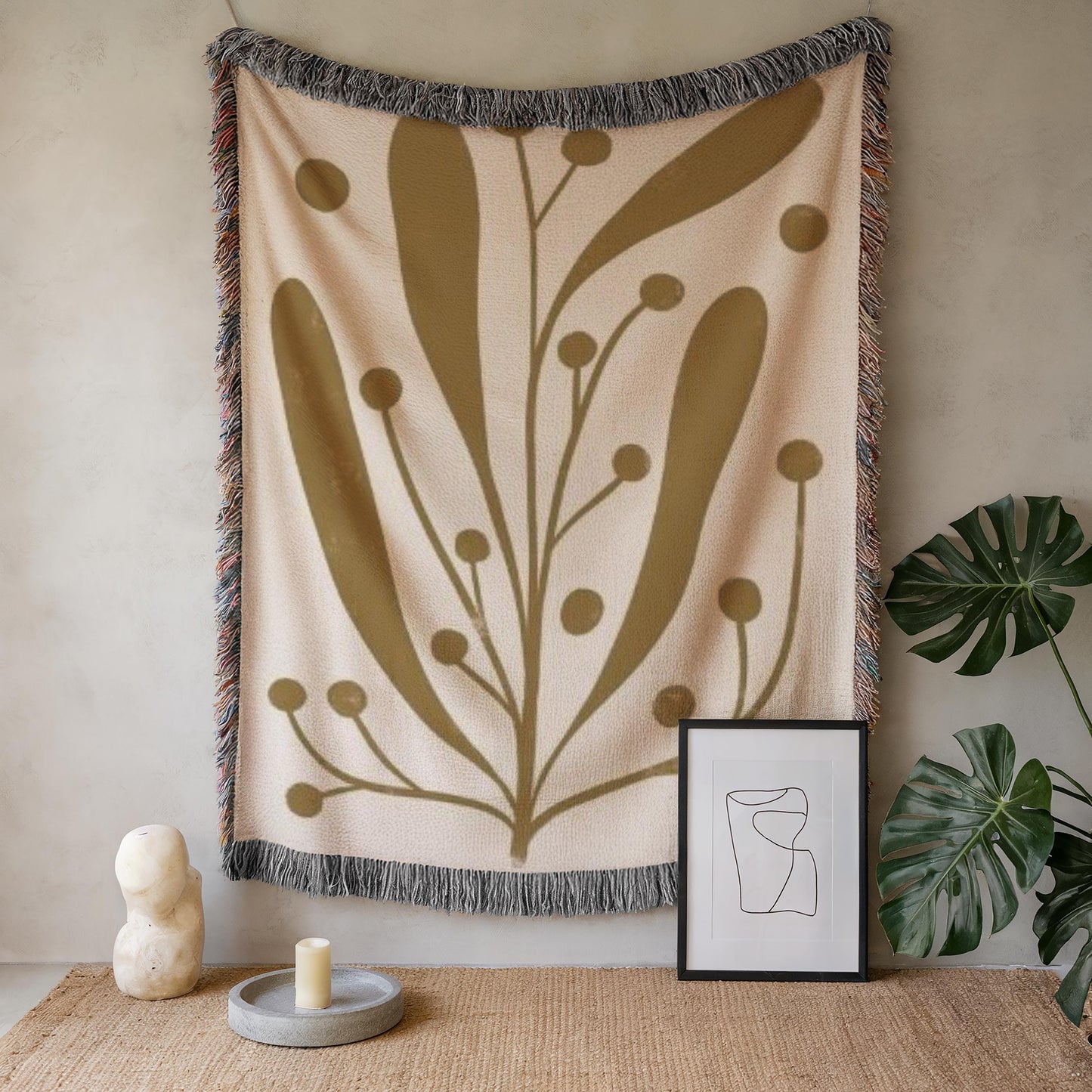 Mid Century Modern Tapestry - Woven Wall Art With Linden Leaf Design | Boho Home Decor