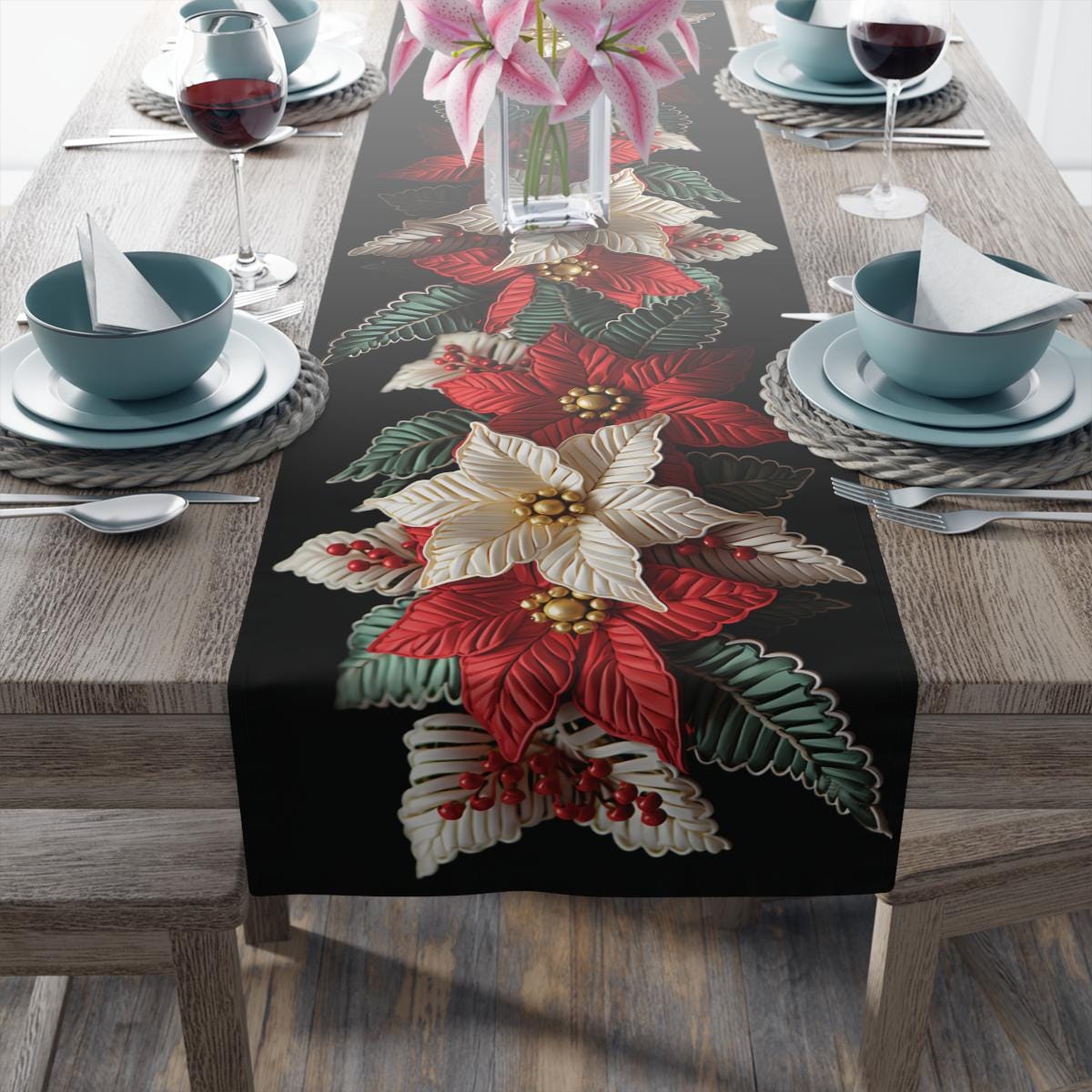 Poinsettia Table Runner - Red Green Runner | Elegant Holiday Table Decor