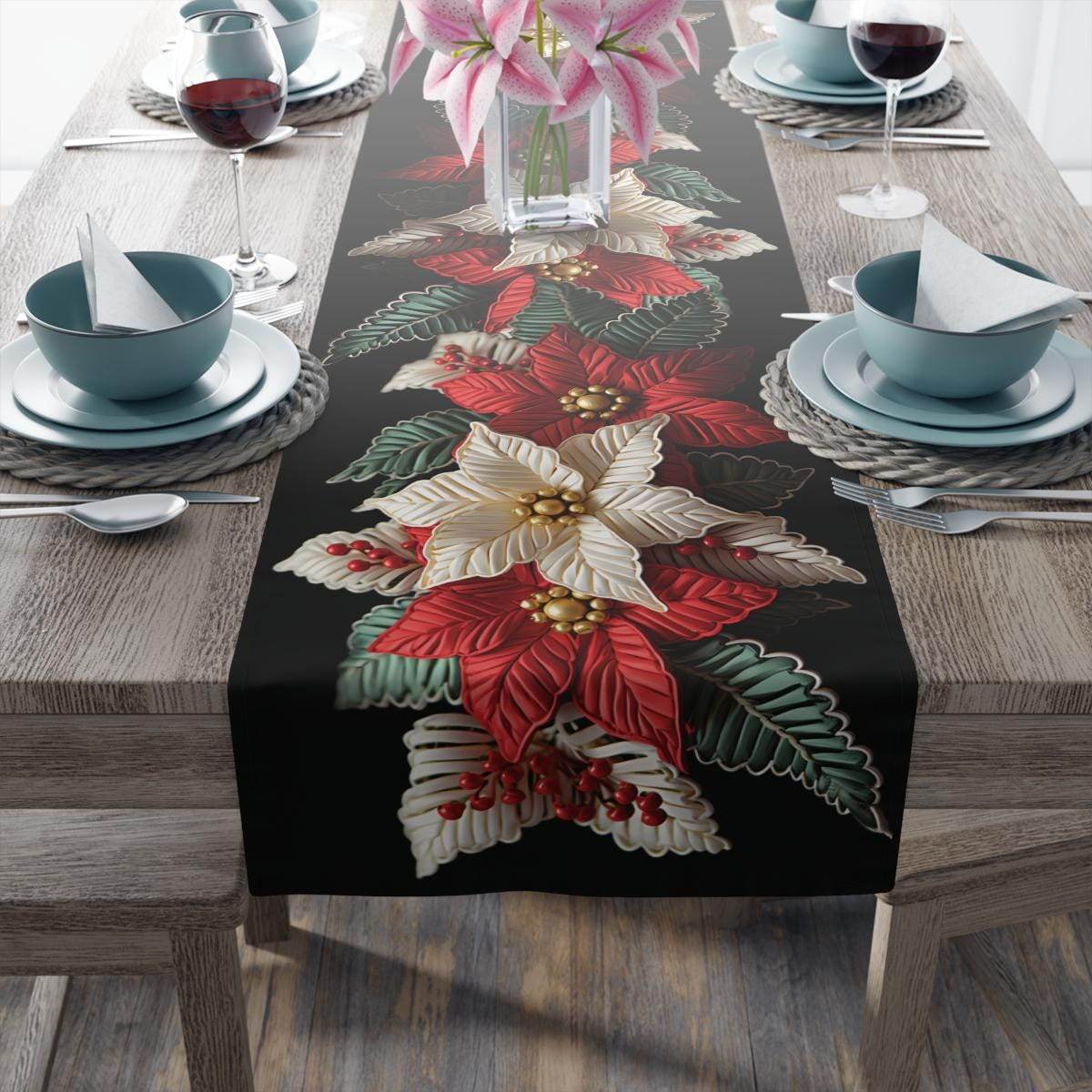 Poinsettia Table Runner - Red Green Runner | Elegant Holiday Table Decor - timelessbohochic.com