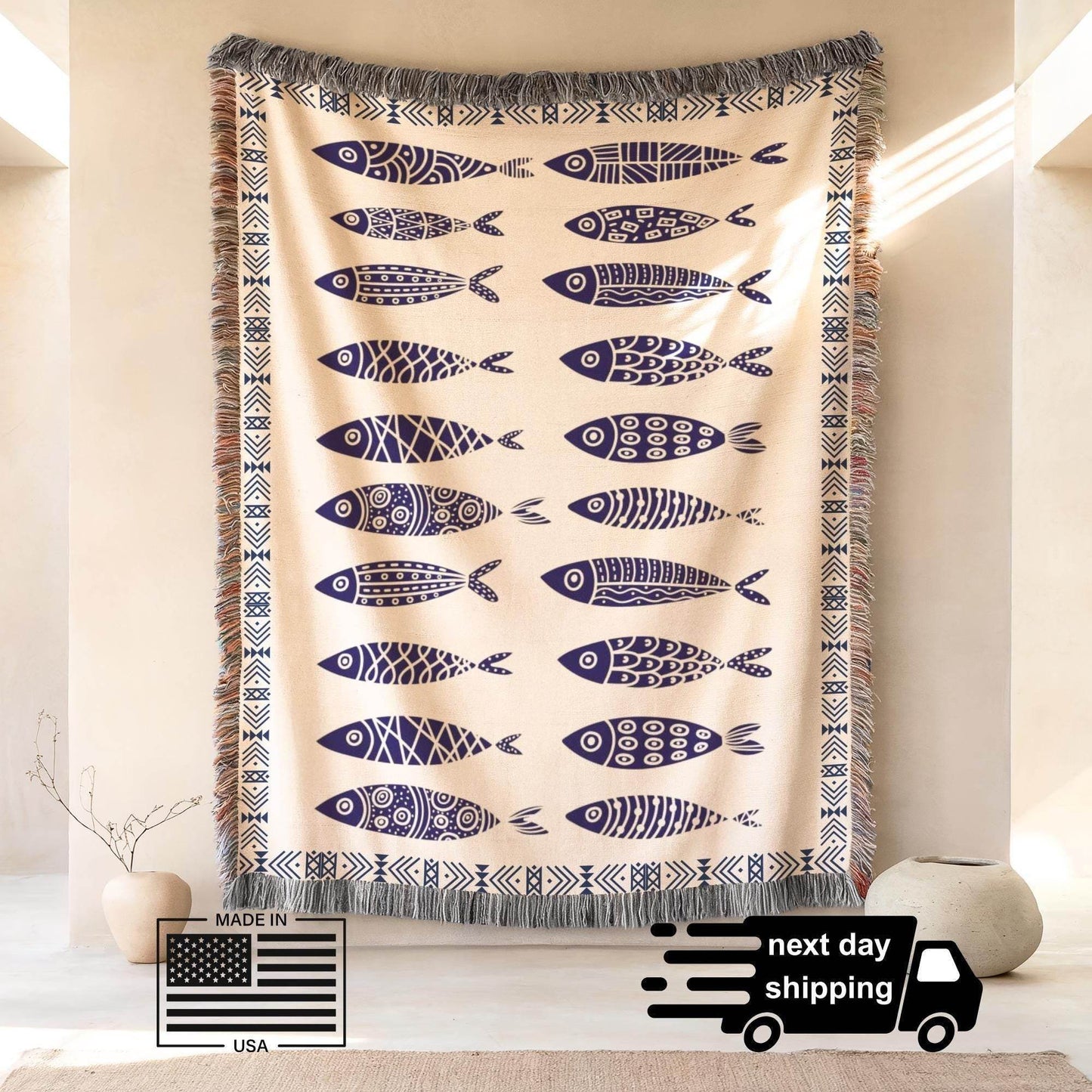 Sardine Blanket - Ethnic Fish Tapestry Woven Cotton Blanket for Coastal Home Decor - timelessbohochic.com