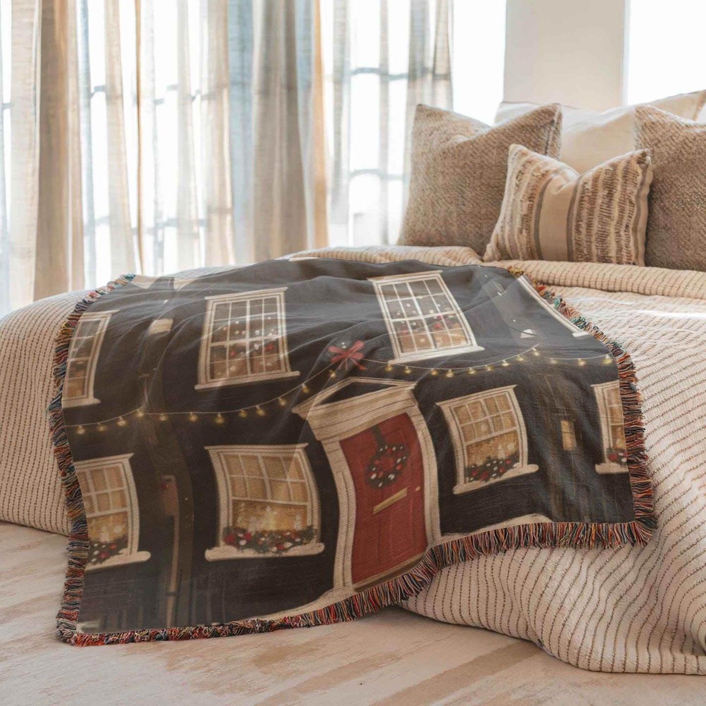 Christmas Village Blanket - Cozy Woven Throw | Festive Folk Art Holiday Decor - timelessbohochic.com