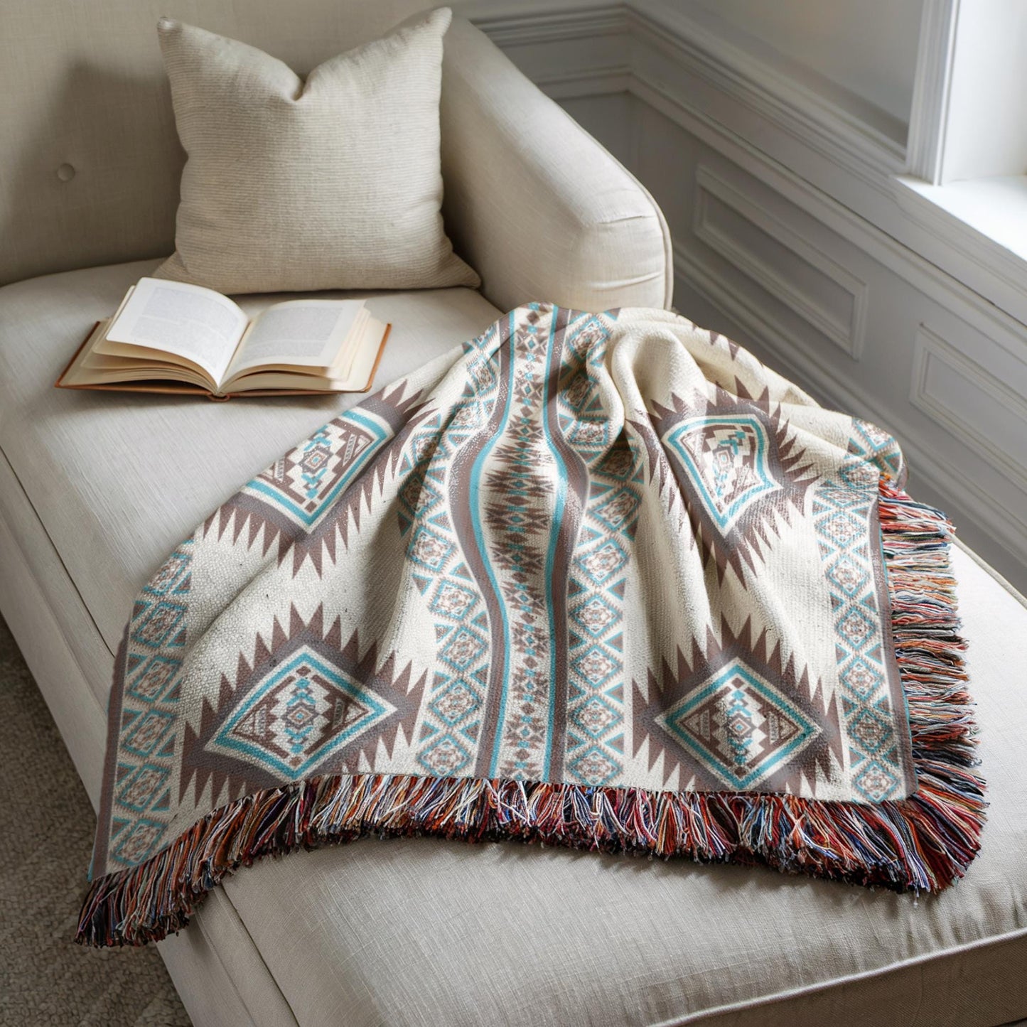 a cozy living space with a beige sofa, a white pillow, and an open book resting on the armrest. The book is positioned on the left side of the sofa, while the pillow is on the right side. The sofa is covered with a decorative throw blanket featuring a geometric pattern in shades of blue, green, and brown.