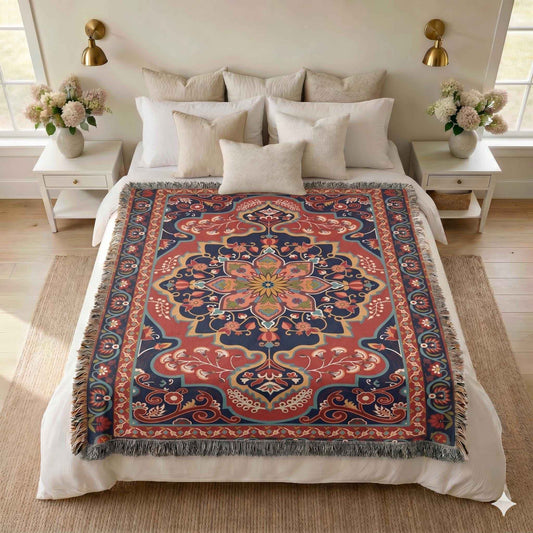 Anatolian Inspired woven blanket with rug-style pattern styled for layered home decor