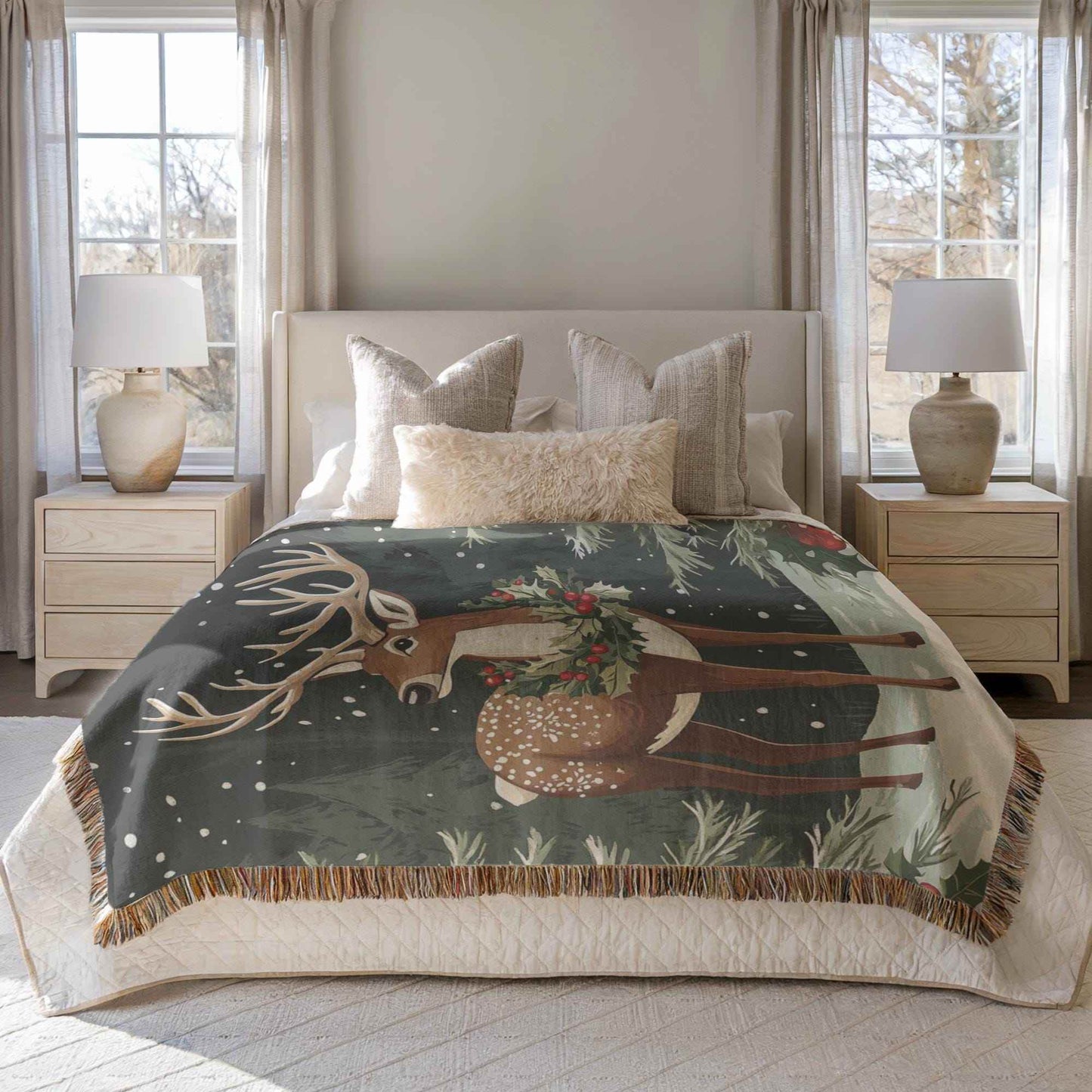 Christmas Woven Blanket – Cozy Winter Decor | Large Cotton Throw with Woodland Creature Design - timelessbohochic.com