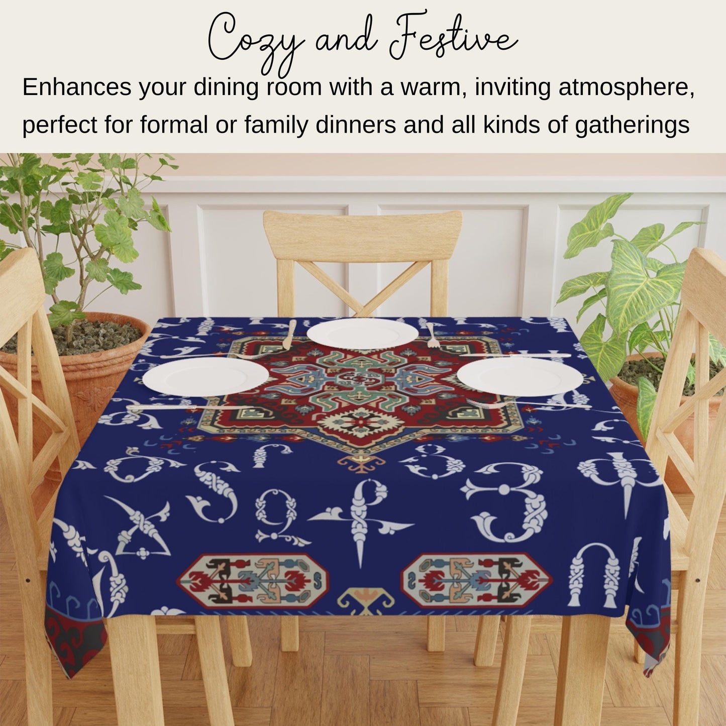 Armenian Art Tablecloth - Blue White Armenian Alphabet Cloth | Unique Ethnic Dining Decor