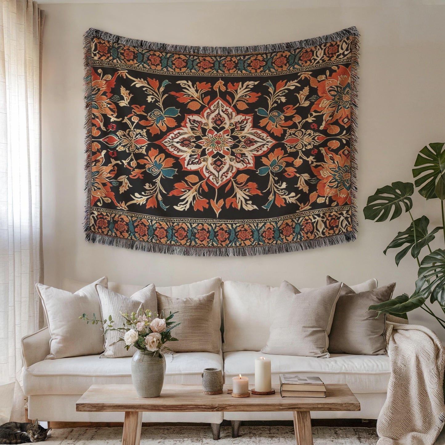 Persian Woven Tapestry - Orange Black Pattern Tapestry | Cozy Wall Hanging Decor