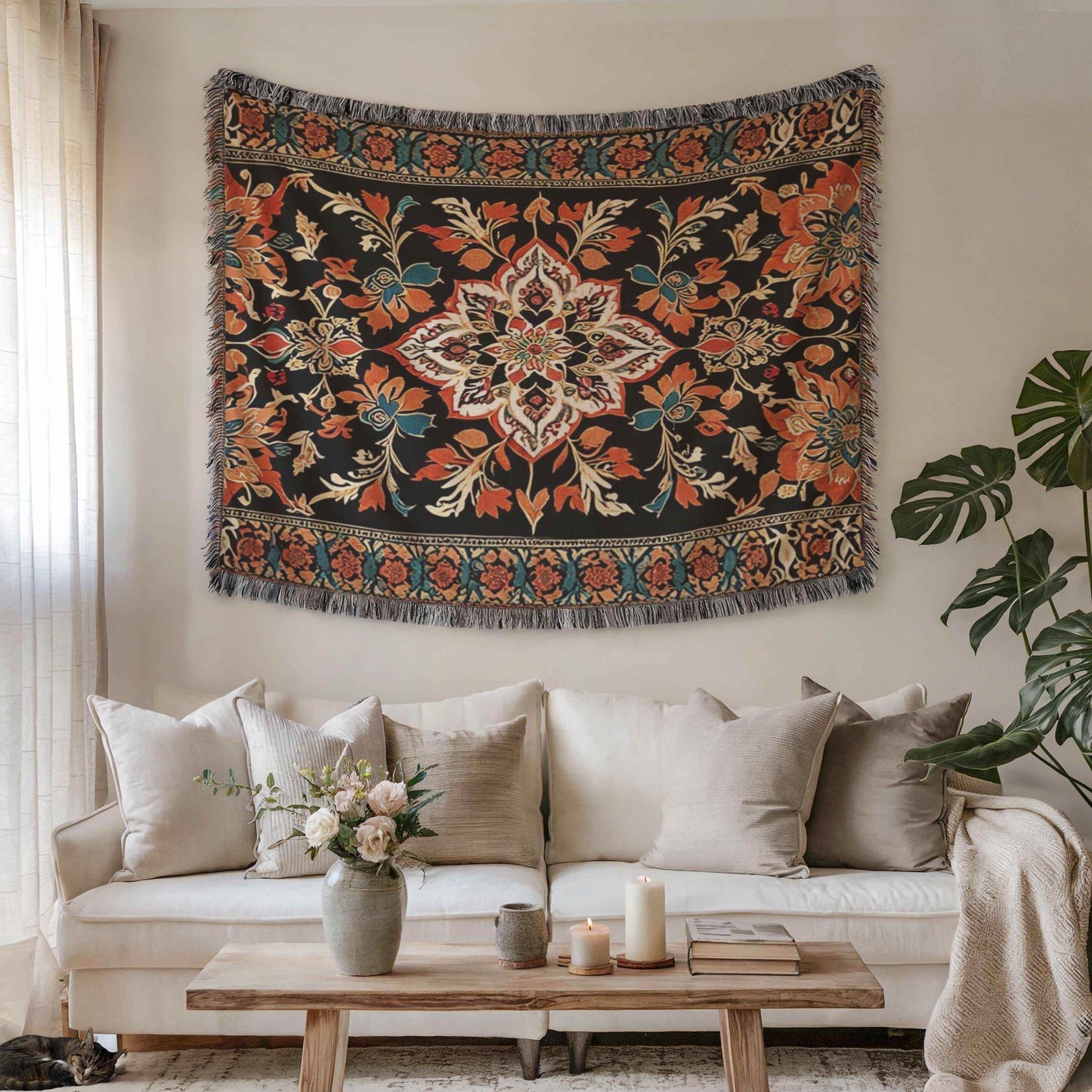 Persian Tapestry Wall Hanging - Orange Black Pattern Cozy Woven Tapestry - timelessbohochic.com