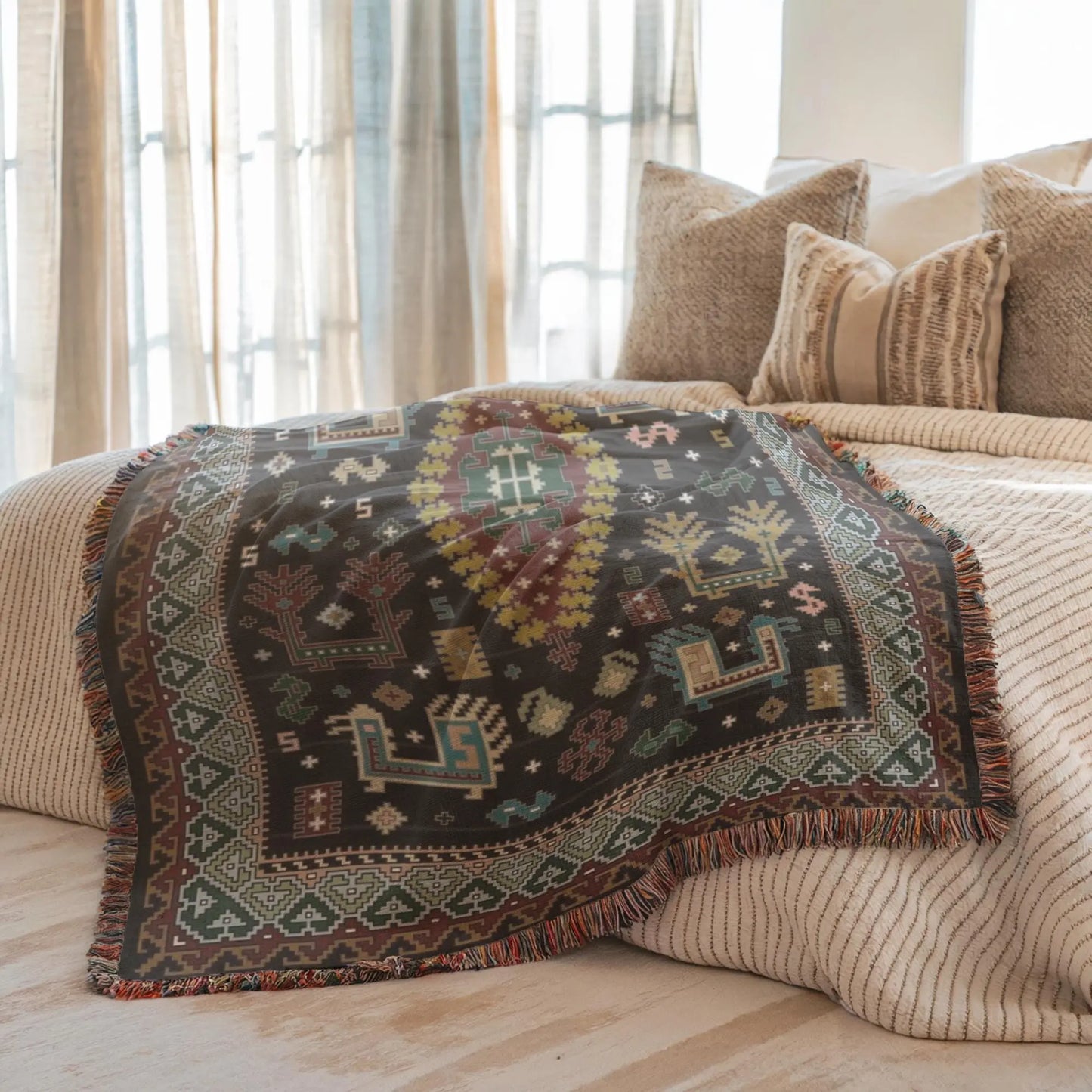 Bohemian Throw Blanket - Woven Cotton Caucasian Rug with Colorful Fringed Edges
