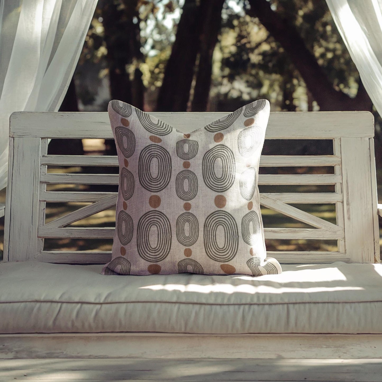 Woven Decorative Pillow - Modern Boho Throw Pillow with Black Ovals & Rust Dots