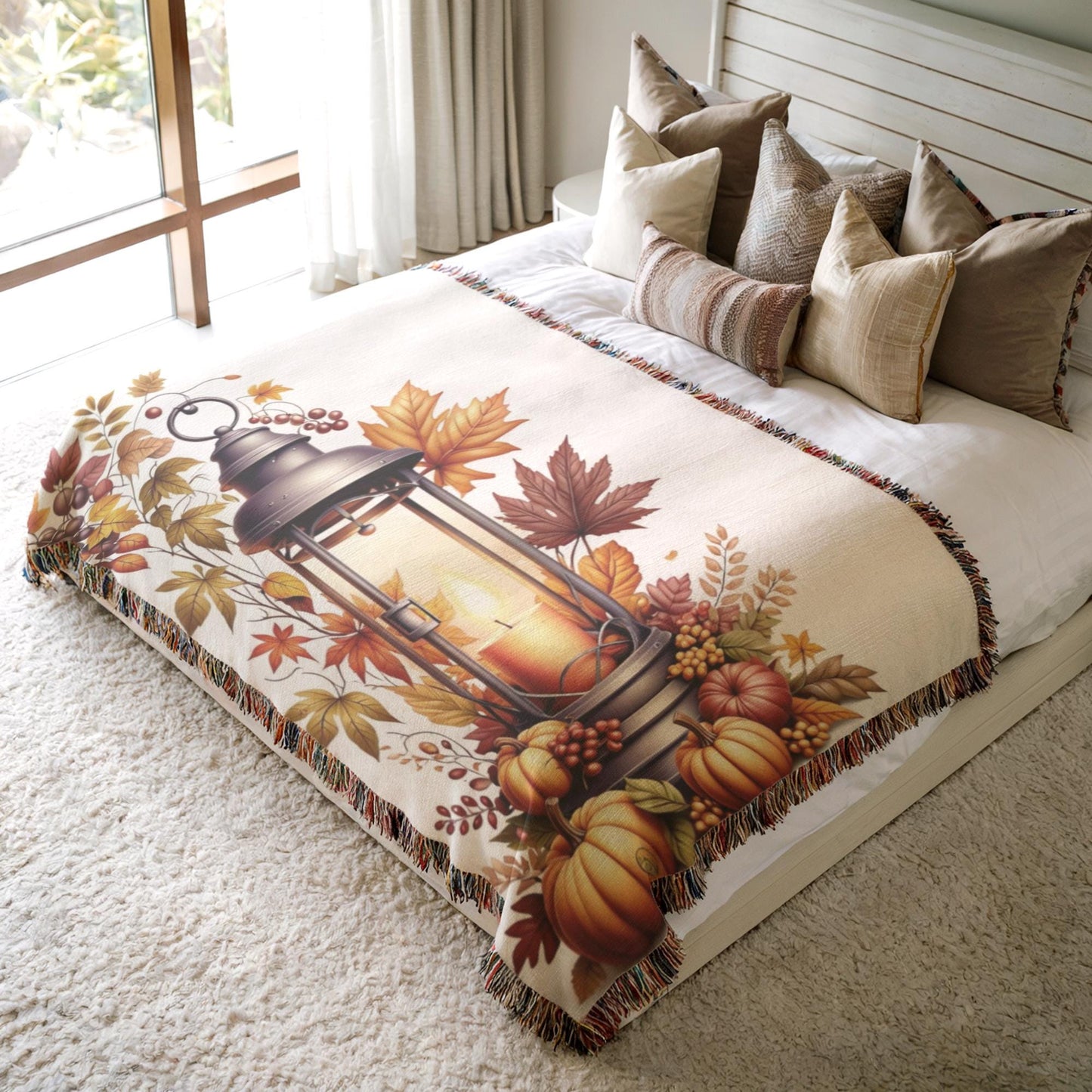 Fall Throw Blanket – Cozy Bedroom Throw with Pumpkin Decor & Lantern Autumn Design