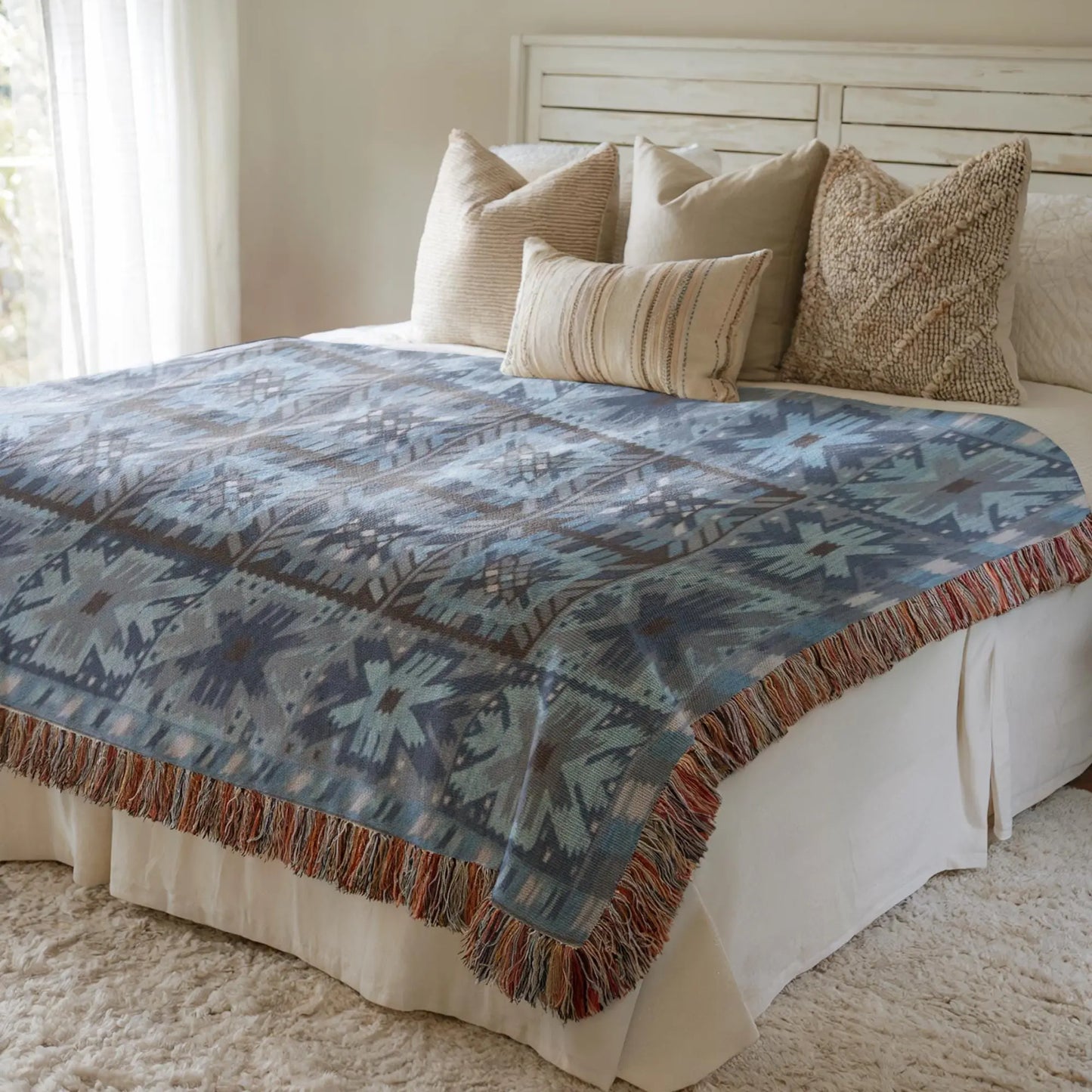 Scandi Woven Blanket – Cozy Bed Throw With Fringed Edge, Nordic Bedding Decor