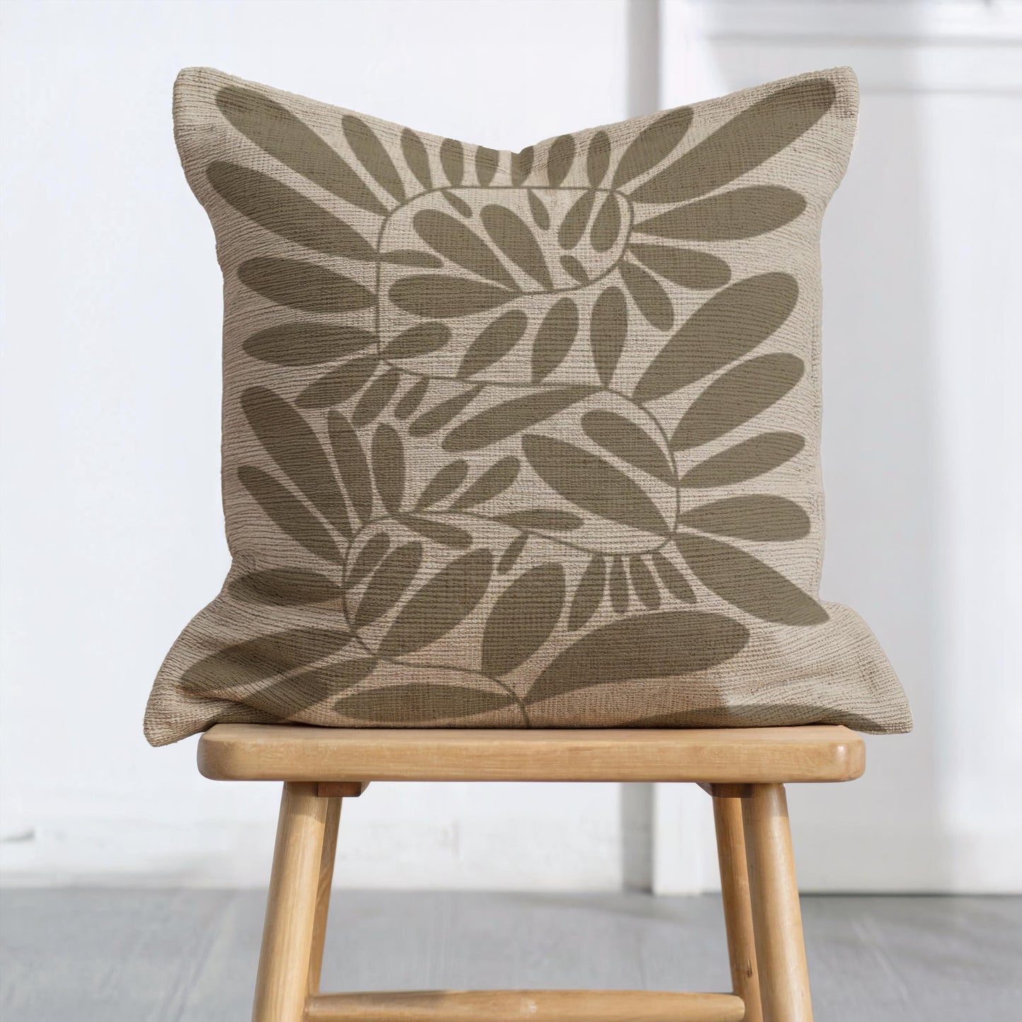 Woven Pillow - Mid Century Cushion with Scandi Leaves Pattern | Durable Cotton Blend