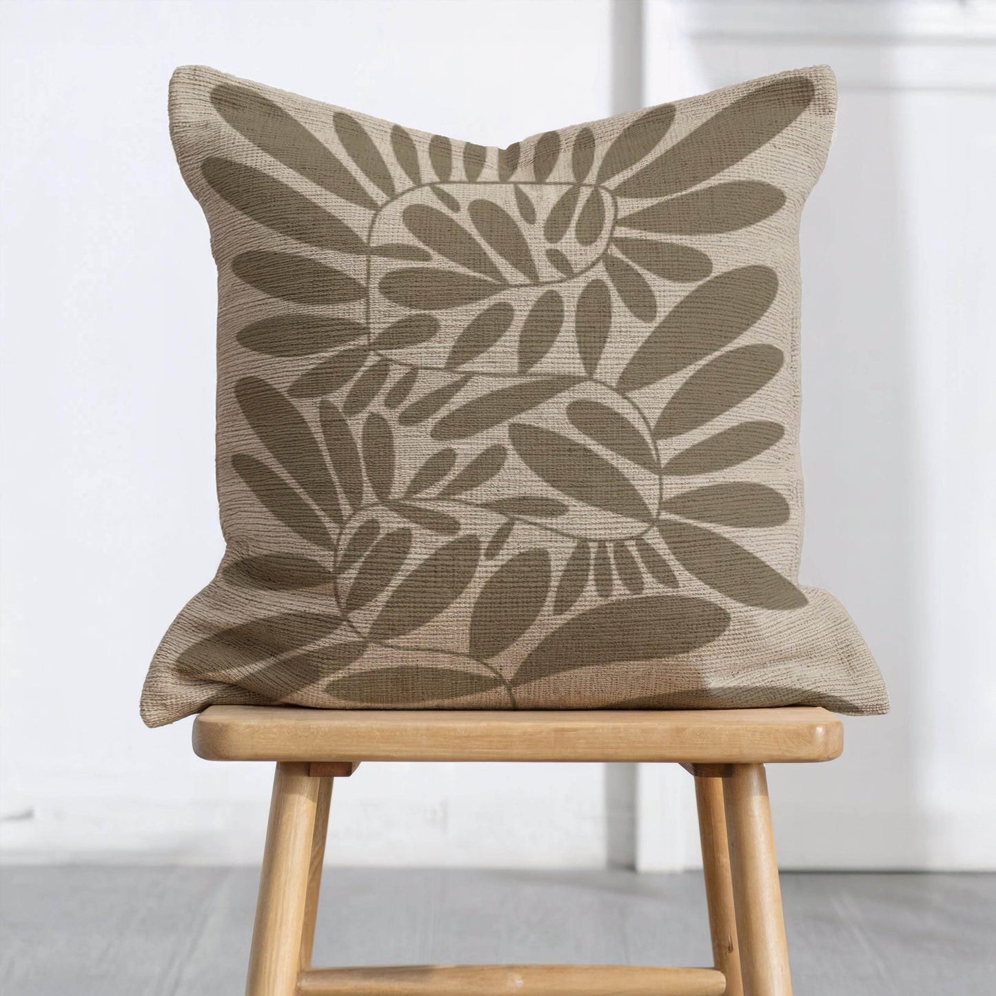 Woven Mid Century Cushion - Durable Cotton Blend with Scandi Leaves Pattern - timelessbohochic.com