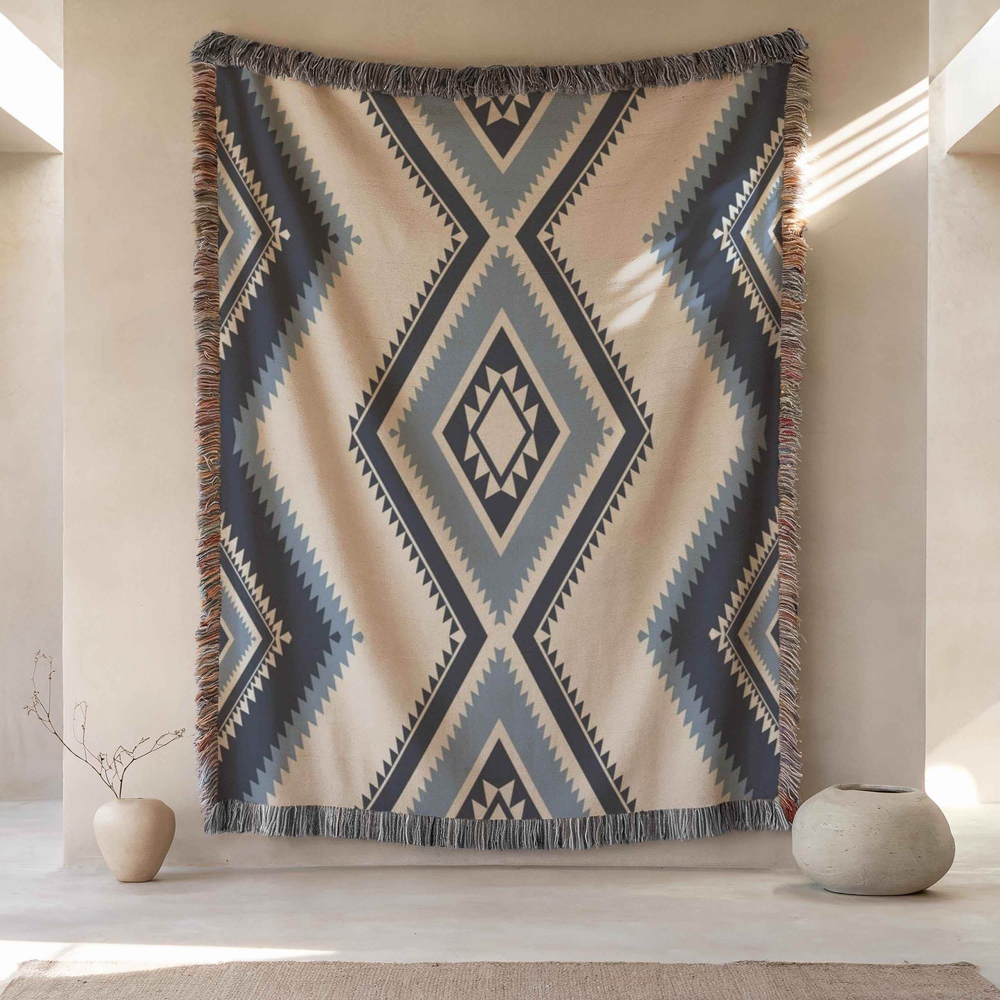 Tribal Woven Tapestry – Southwestern Wall Hanging With Colorful Fringed Edges - timelessbohochic.com