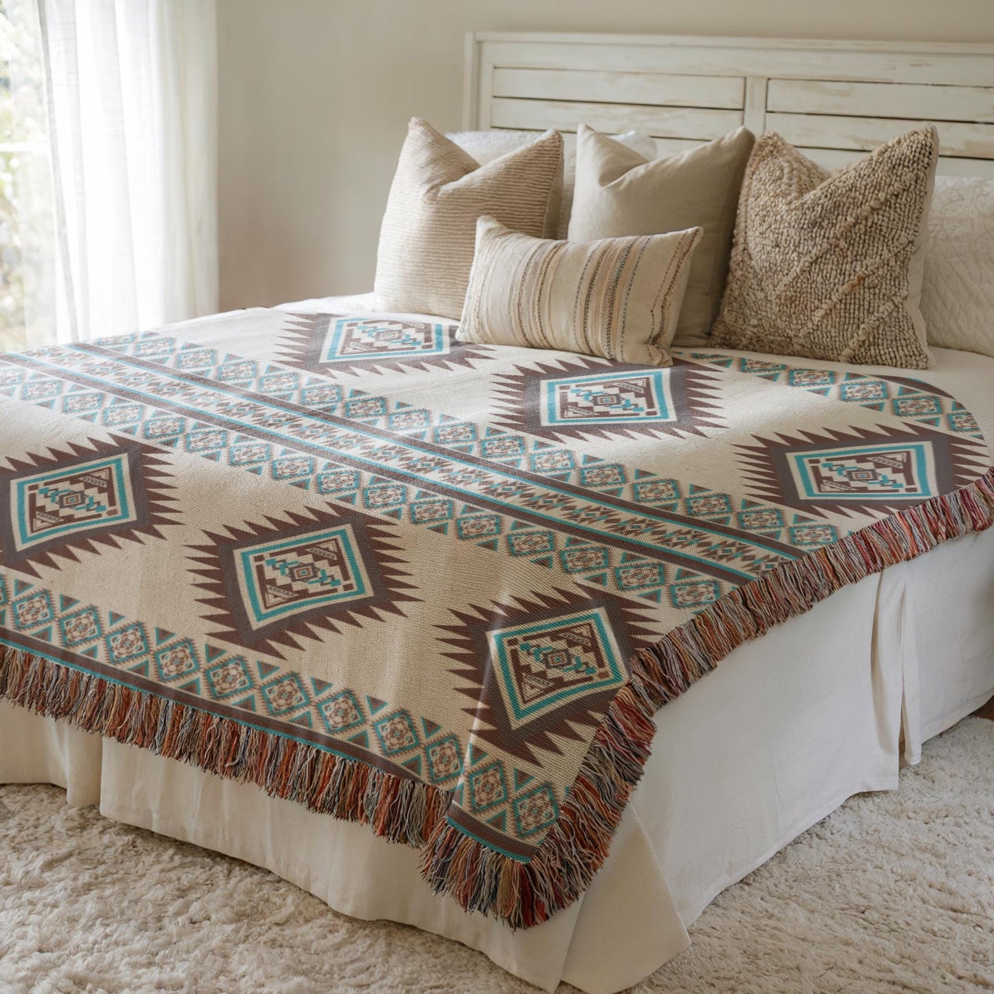 a cozy bedroom with a bed covered in a patterned blanket and pillows. The bed is positioned against a white wall, and there is a window nearby. The overall scene has a warm and inviting atmosphere.