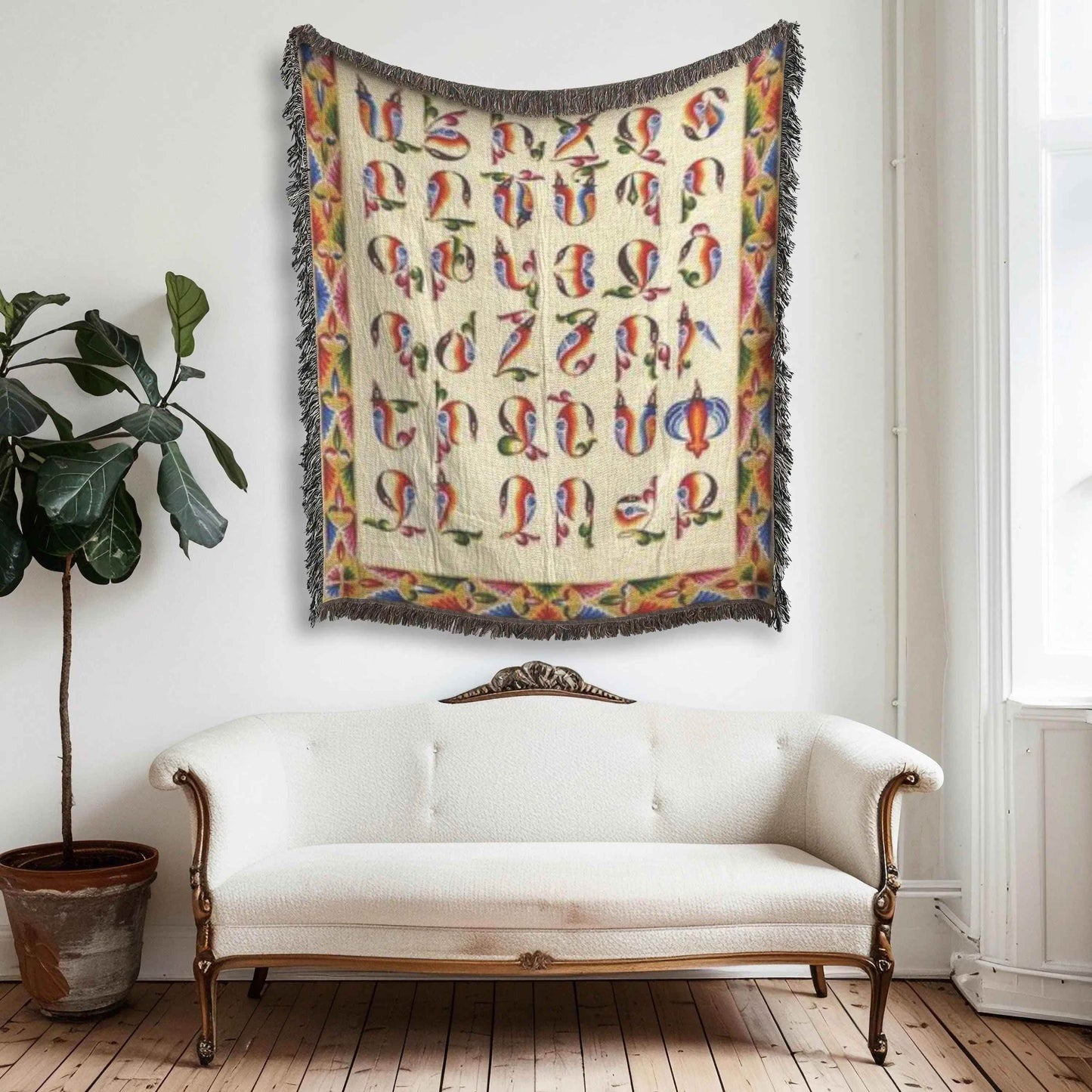 Armenian Alphabet Blanket - Colorful Woven Cotton Bedspread & Eco-Friendly Couch Throw - timelessbohochic.com