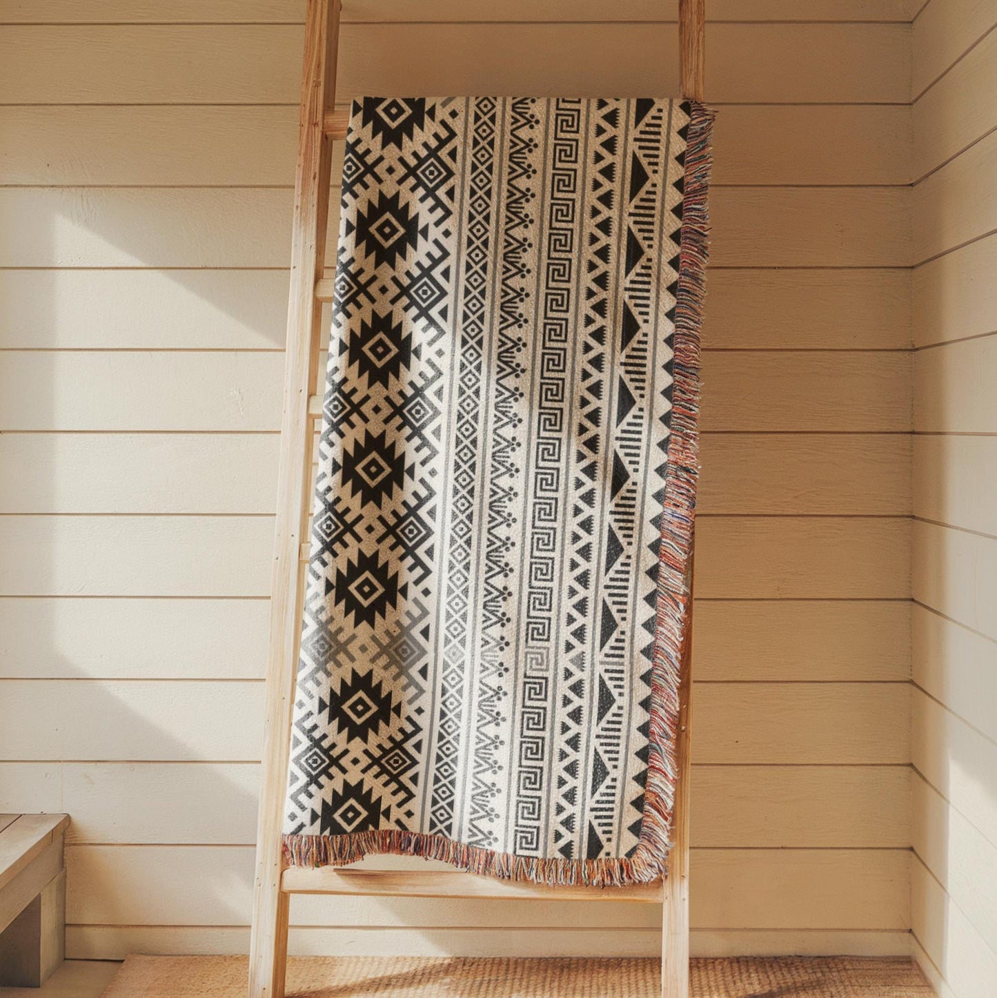 A black and white patterned blanket is draped over a wooden ladder against a white wall.