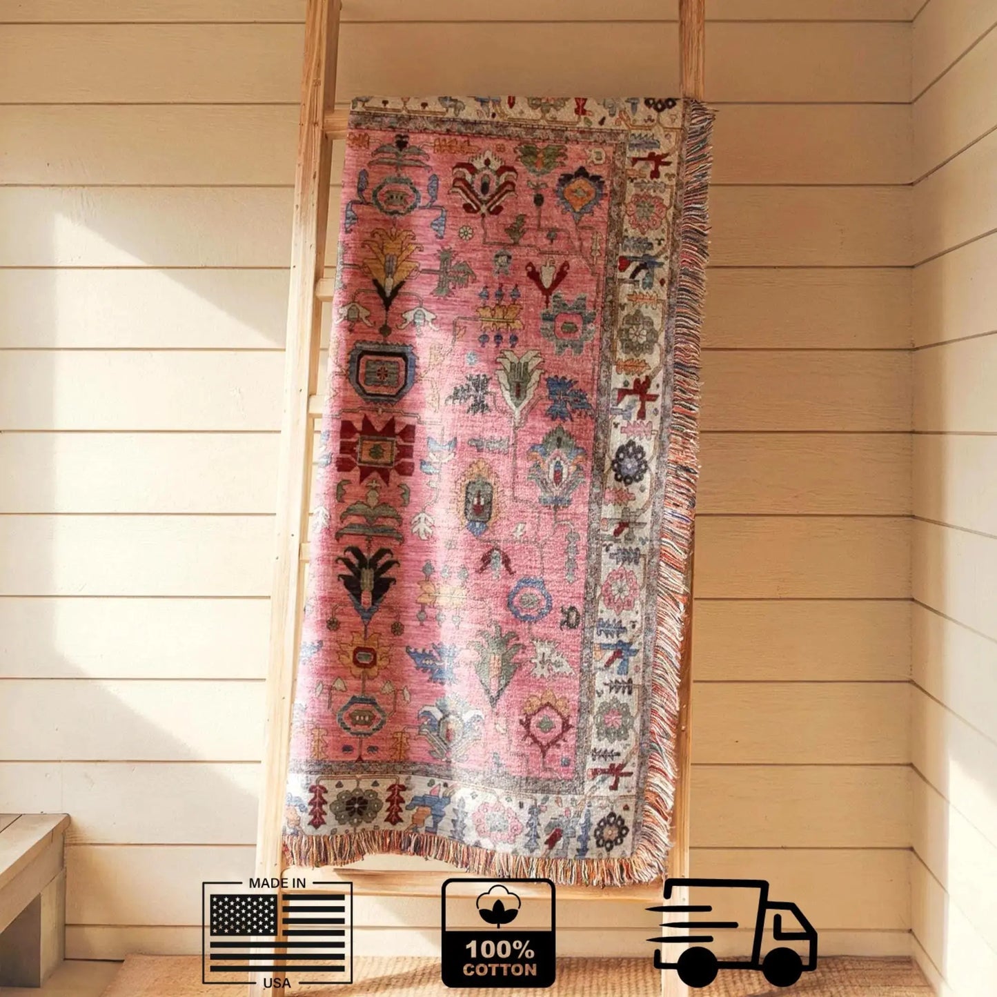 Pink Throw Blanket - Boho Wall Art Woven Turkish Rug Decor with Colorful Fringe