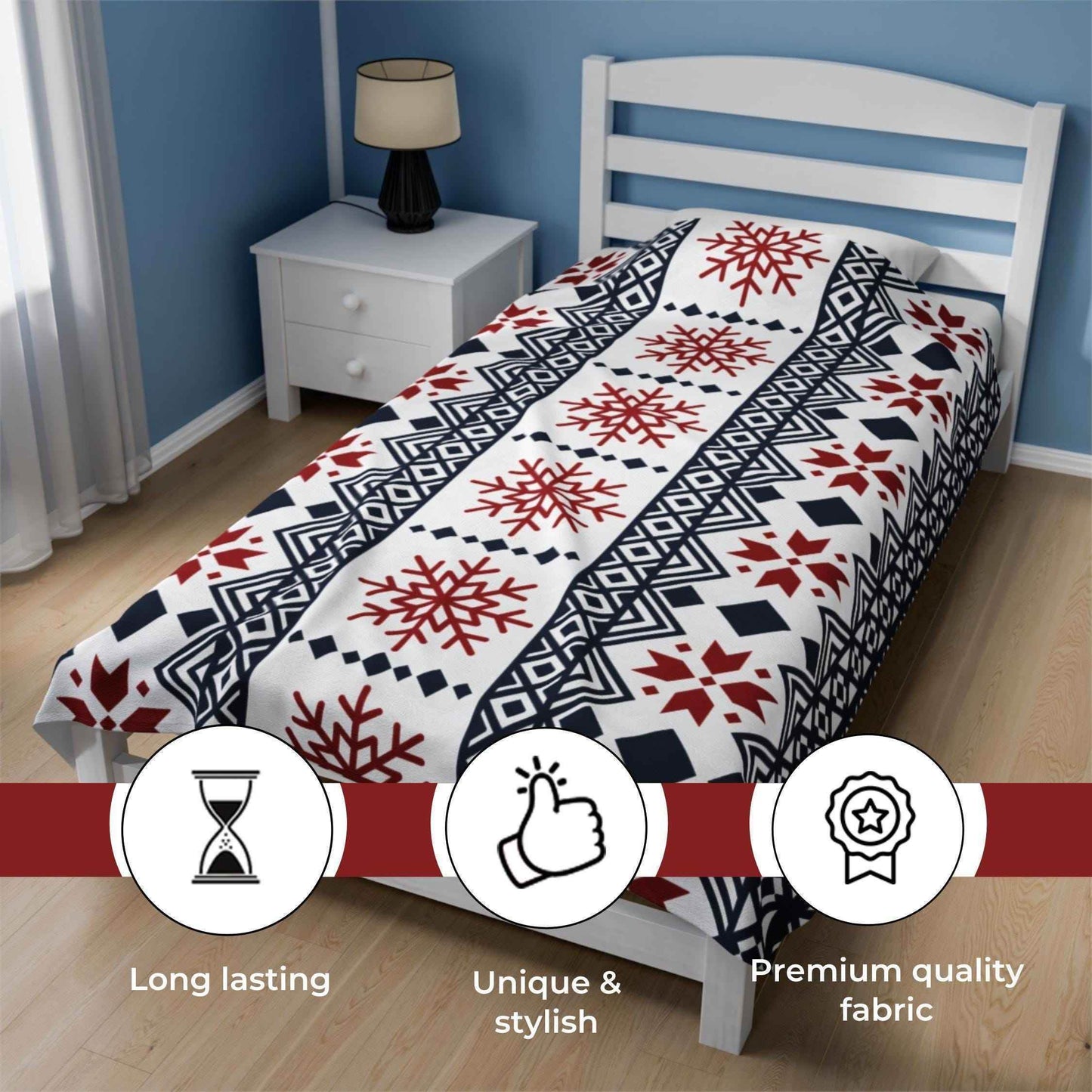 Scandinavian Snowflake Blanket – Black Red Fleece Cozy Throw Velveteen Plush - timelessbohochic.com