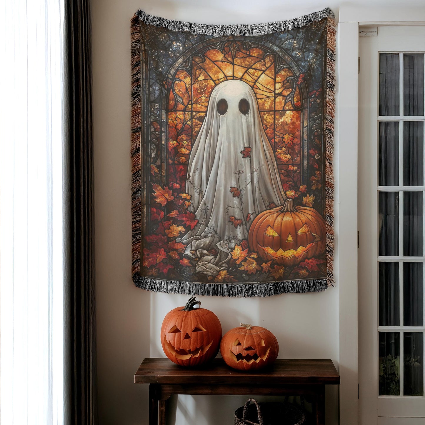 Halloween Decor Blanket - Festive Fall Cotton Throw With Ghost Pumpkin & Stained Glass Motif