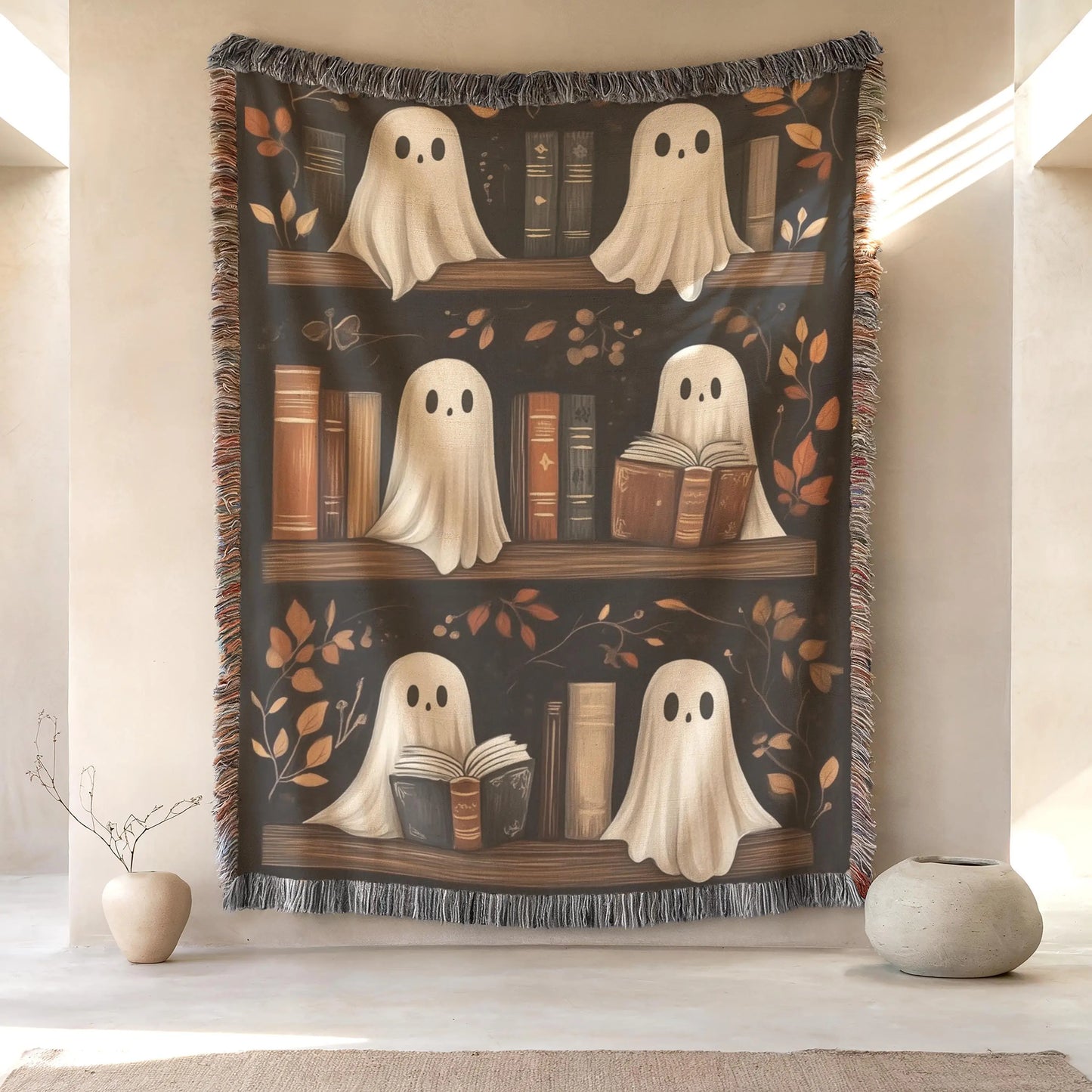 Halloween Tapestry Decor – Spooky Ghost Wall Art | Cozy Cotton Bookshelf Hanging