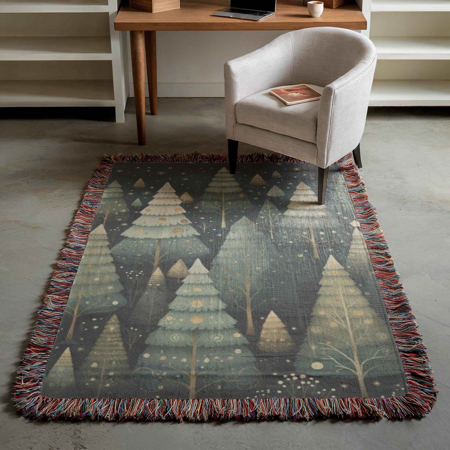 Forestcore Christmas Blanket - Festive Office Decor | Woven Cotton Throw with Fringed Edges - timelessbohochic.com