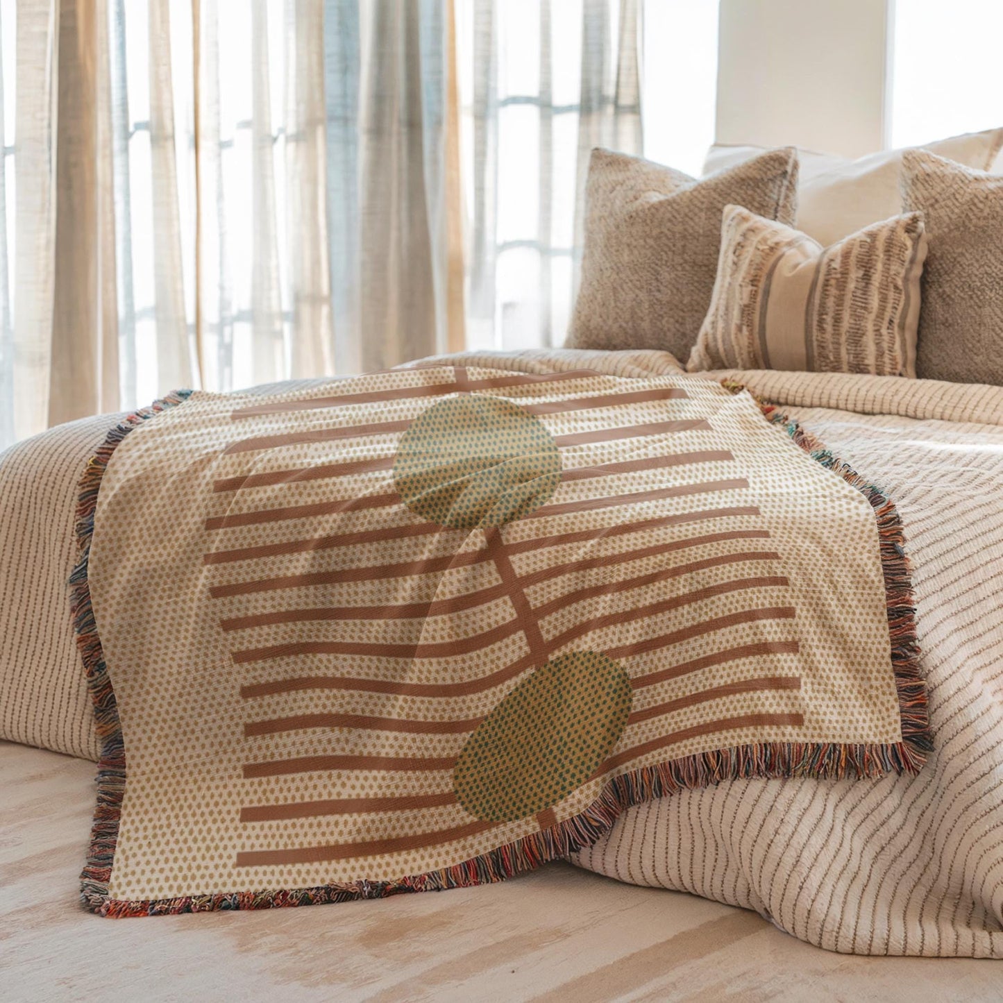 Woven Cotton Blanket - Cozy Rustic Stripe Throw With Green Dots Pattern