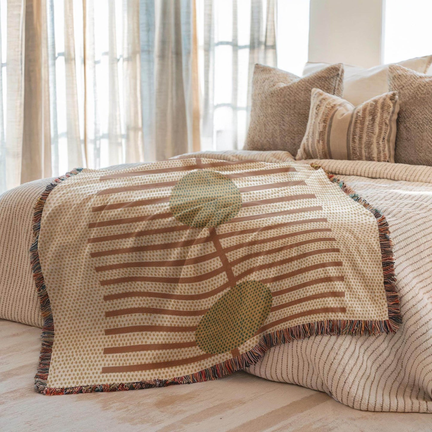 Woven Cotton Blanket - Cozy Rustic Stripe Throw With Green Dots Pattern - timelessbohochic.com