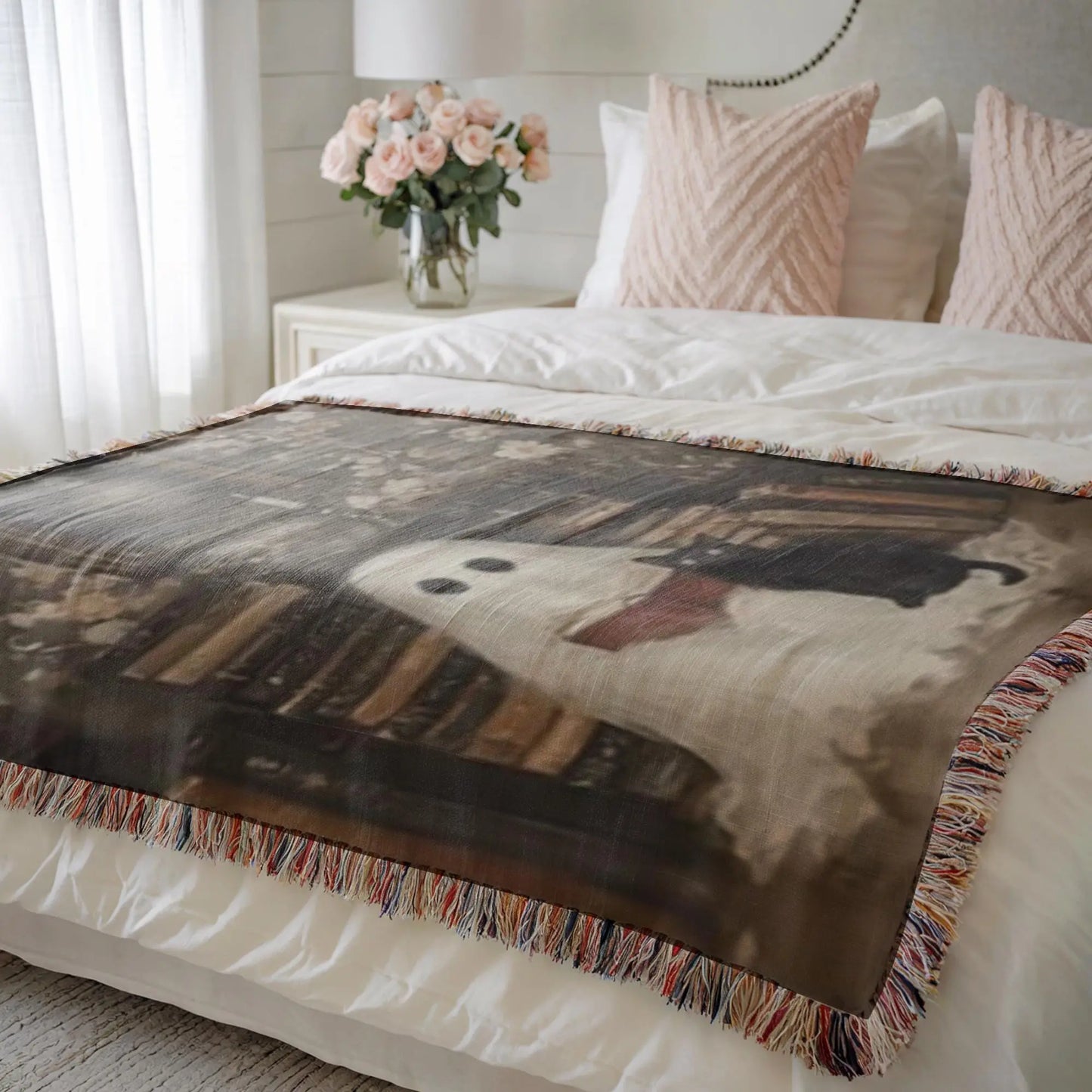 Ghost Book Cat Blanket – Soft Cotton Throw With Fringed Edges, Cozy Reading Nook Decor