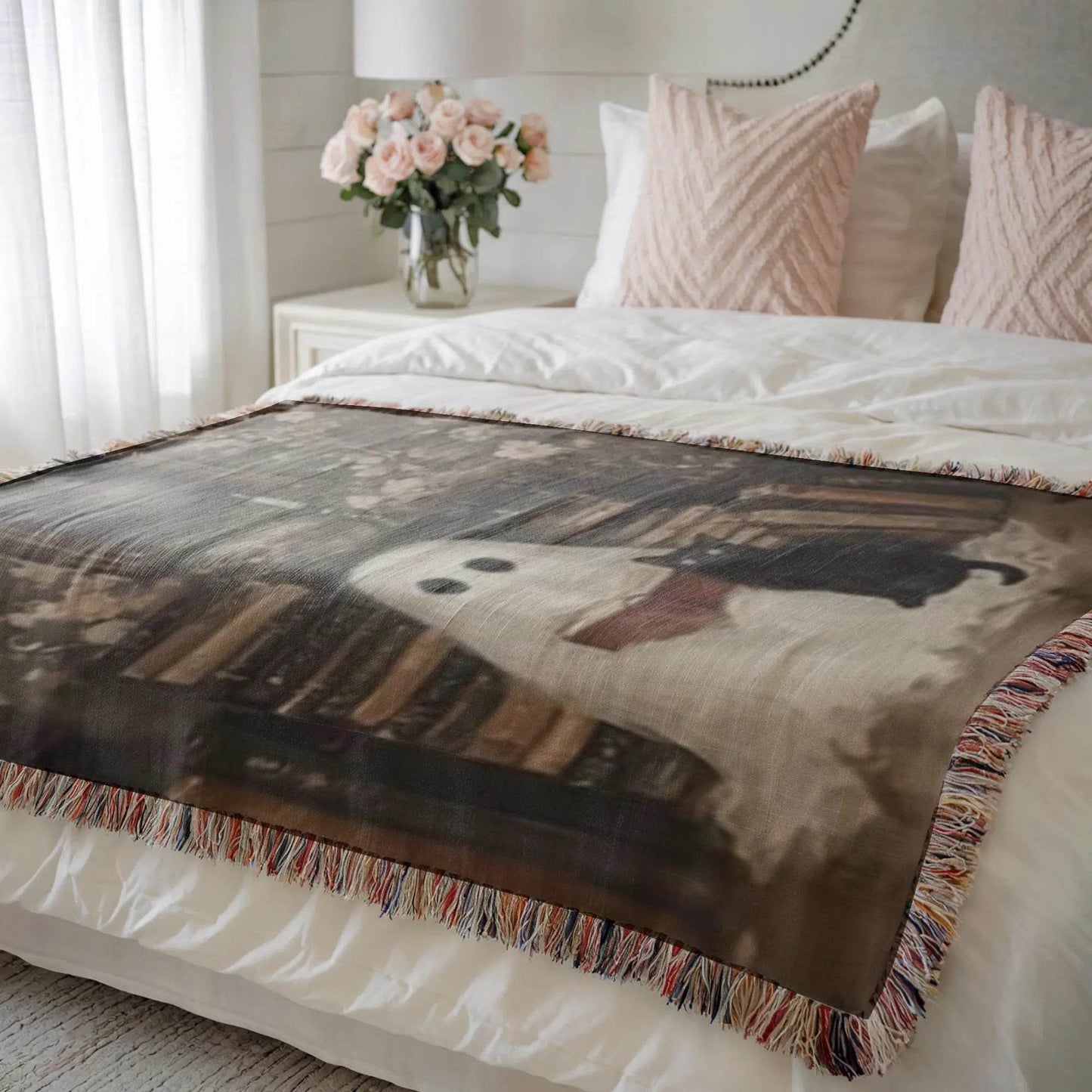 Ghost Book Cat Blanket – Soft Cotton Throw With Fringed Edges, Cozy Reading Nook Decor - timelessbohochic.com