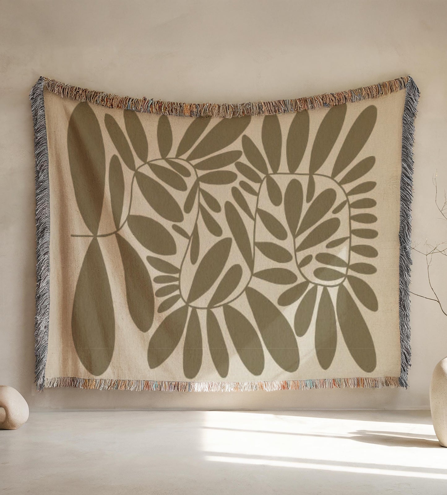 Mid Century Modern Tapestry – Scandi Woven Wall Hanging With Leaves Pattern