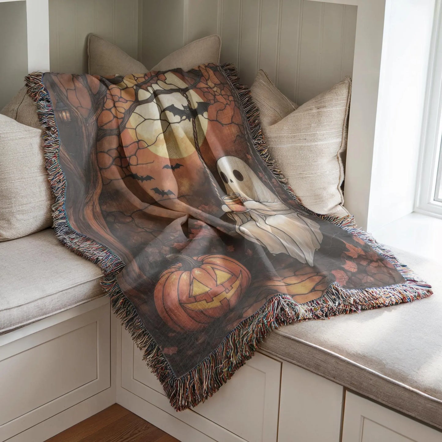 Moon Ghost Blanket - Cozy Halloween Throw Blanket With Pumpkin & Bat Design