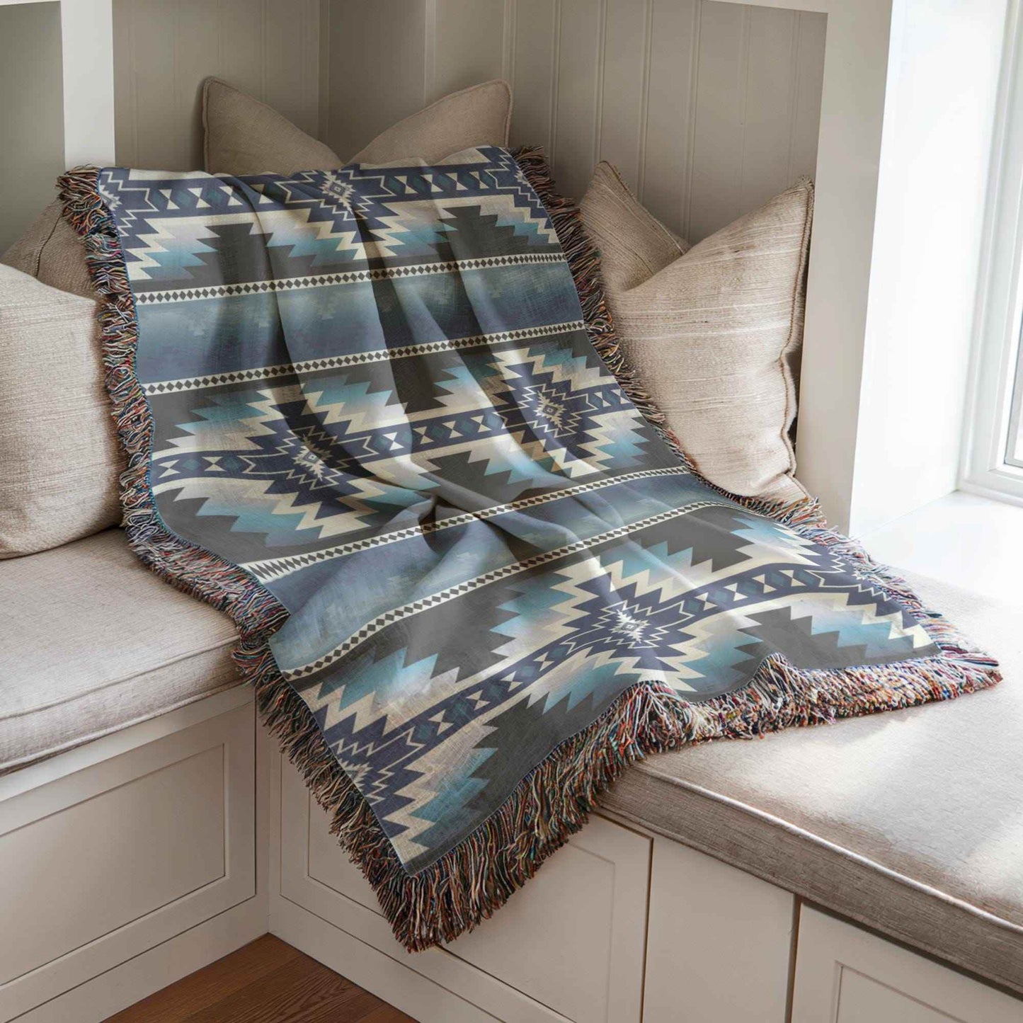 Native American Tribal Blanket - Cozy Cotton Woven Throw with Fringed Edges - timelessbohochic.com