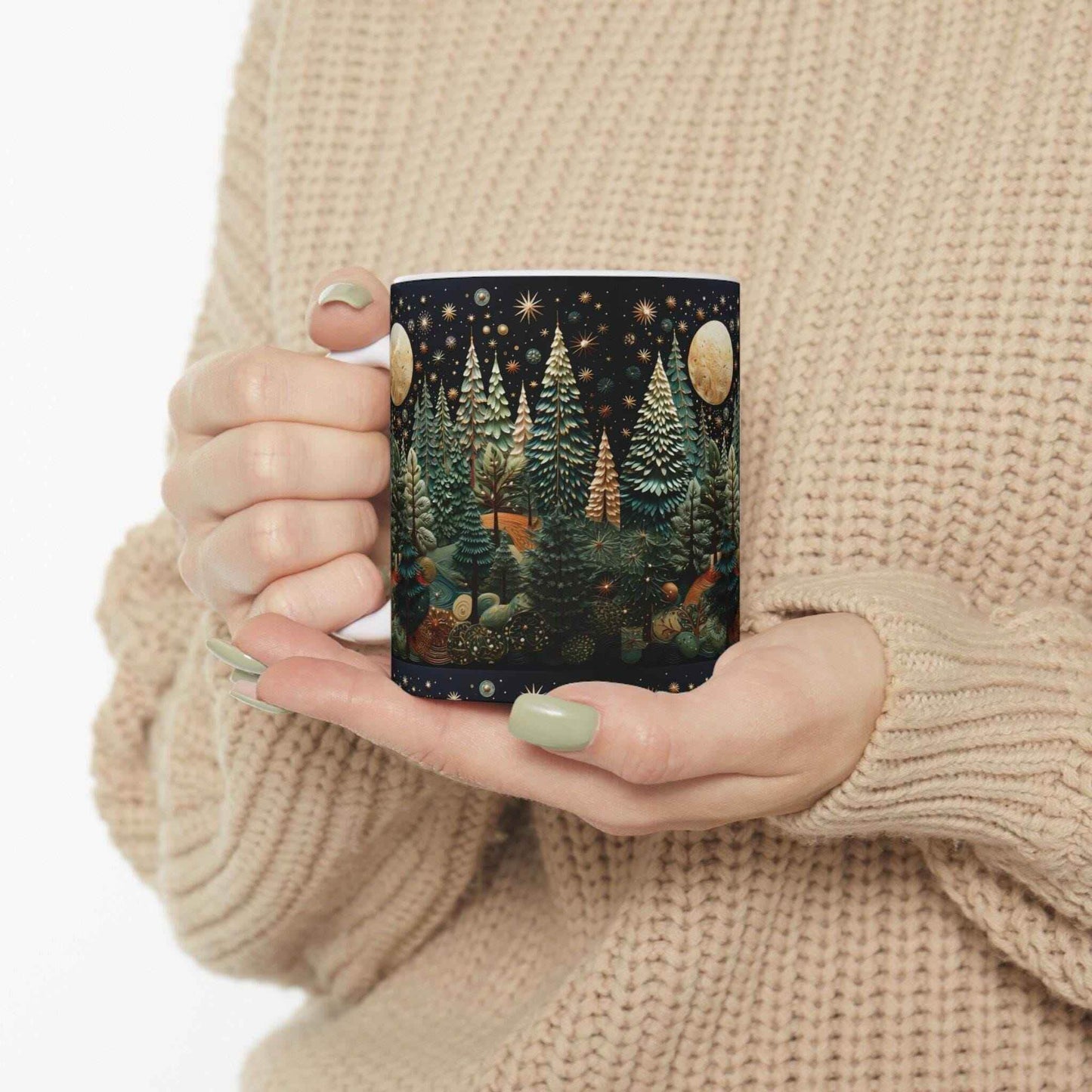 Moon and Trees Coffee Mug - Winter Landscape Ceramic Cup | Cozy Hot Beverage - timelessbohochic.com