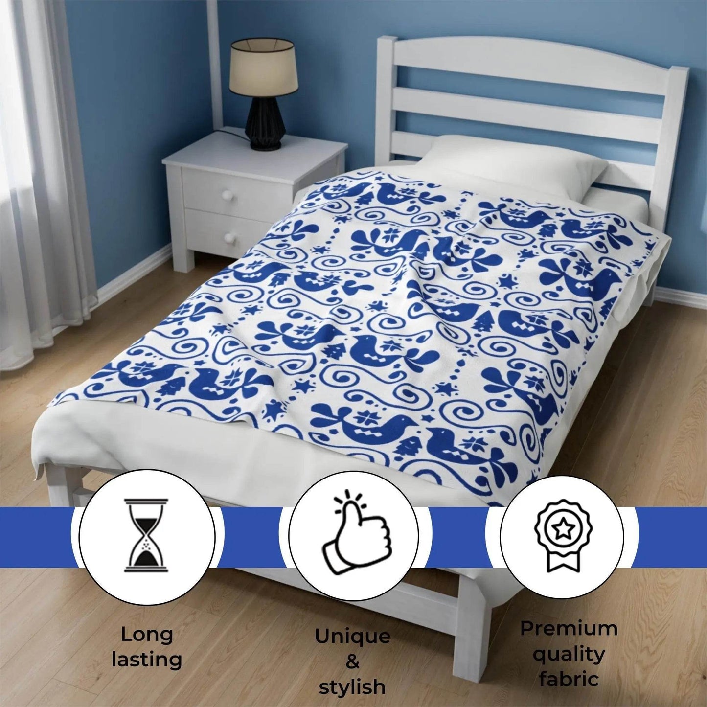 Velveteen Plush Blanket – Scandinavian Blue Bird Throw | Cozy Nordic Decor Gift - timelessbohochic.com