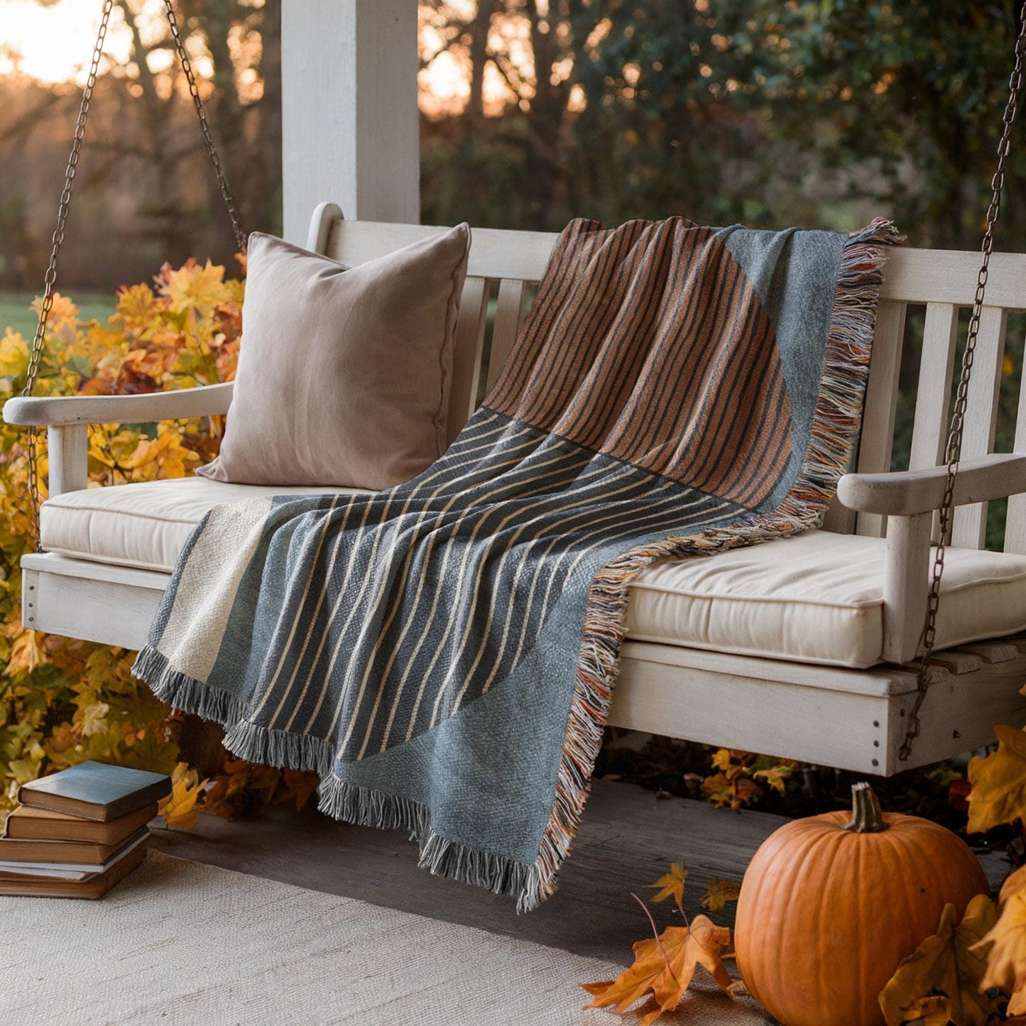 Modern Woven Blanket - Blue Rust Brown Cotton Throw With Colorful Fringed Edges