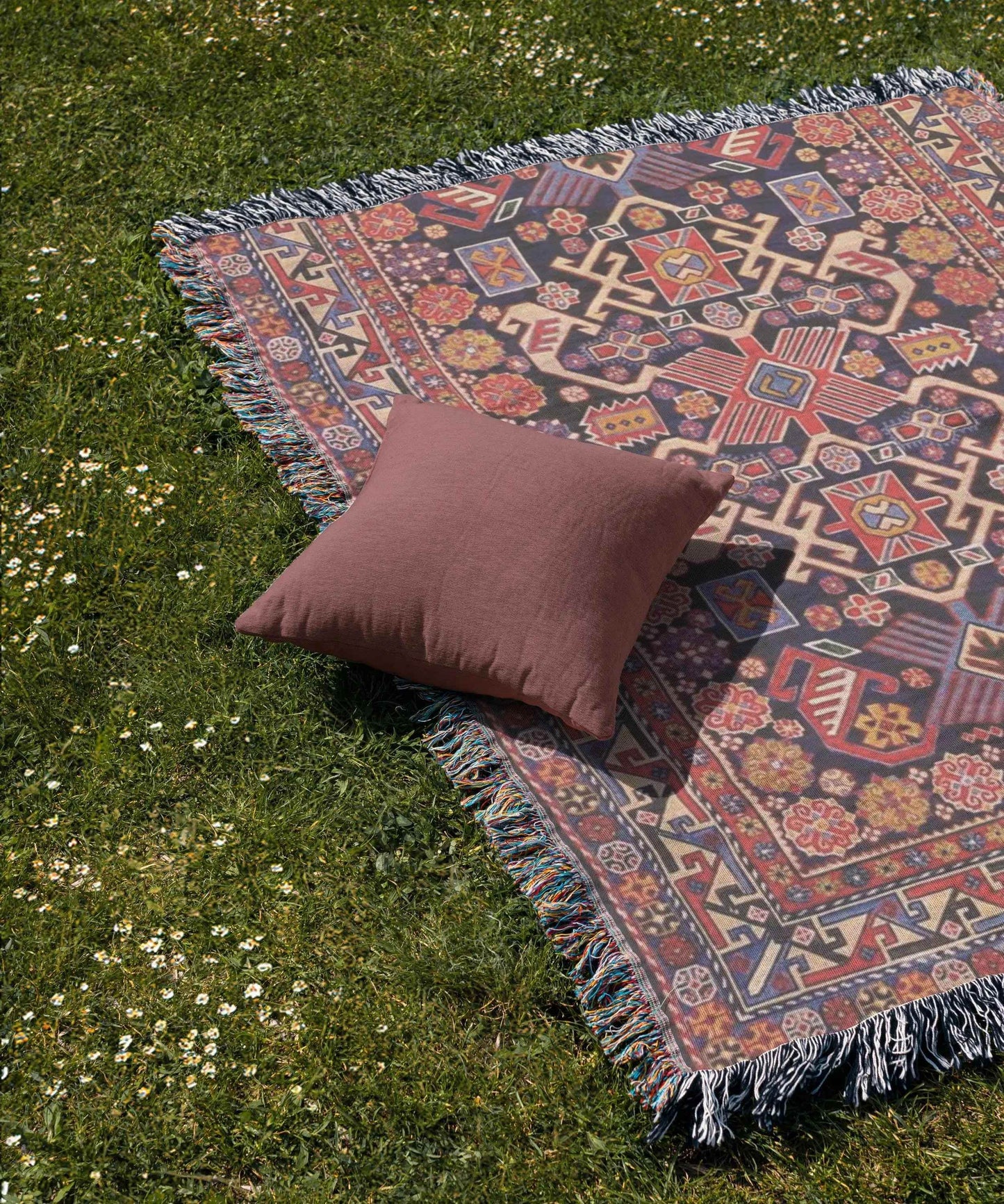 Turkish Woven Pillow Set - Stylish Cotton Throw Blanket with Rug-Inspired Design & Fringed Edge - timelessbohochic.com