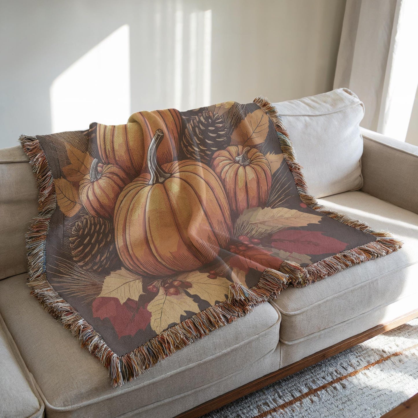 Living Room Woven Blanket, Pumpkin Fall Decor, Cute Couch Throw, Autumn Accent, Harvest Season Gift, Living-Room Decor, Gift for Nana MeeMaw