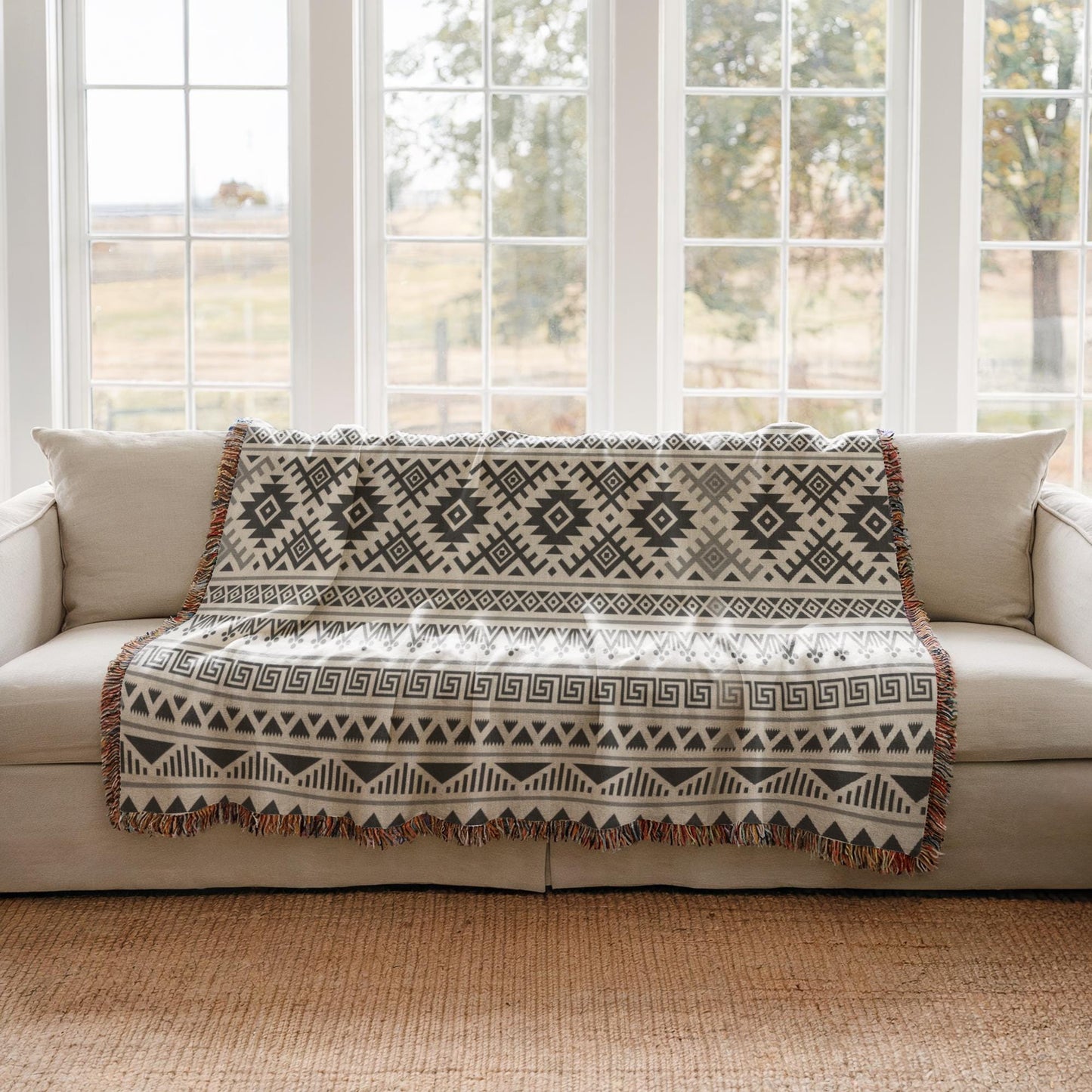 a cozy living room with a beige sofa and a patterned throw blanket draped over it. The blanket has a geometric design in black and white, and it is placed on the sofa, which is positioned in front of a large window. The room has a warm and inviting atmosphere, with the natural light coming in through the window and the wooden floor beneath the sofa.