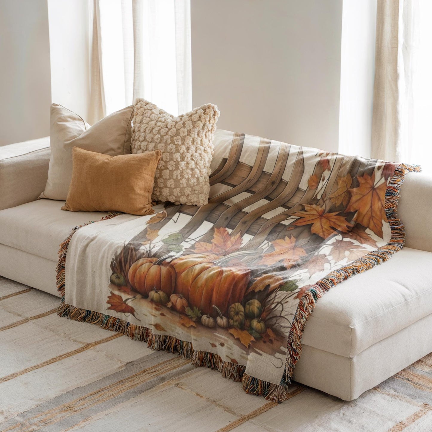 Thanksgiving Couch Blanket, Fall Leaves Sofa Throw, Harvest Season Cover, Cotton Woven Throw, Warm Farmhouse Decor, Thanksgiving Gift Idea
