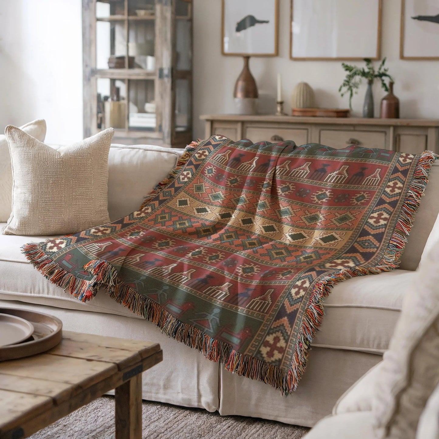 Woven Blanket - Kilim Inspired Blanket With Colorful Fringed Edges | Boho Throw