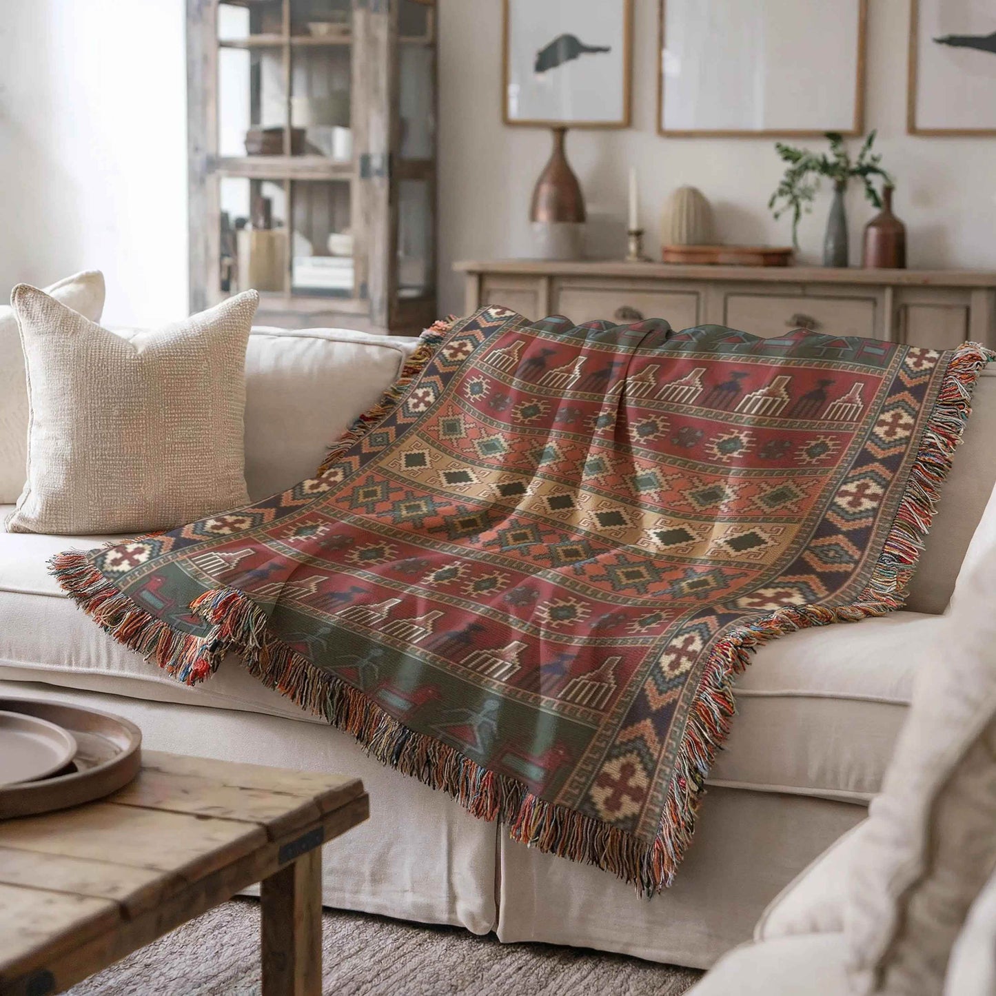 Woven Kilim Blanket - Colorful Fringed Edges Boho Throw - timelessbohochic.com
