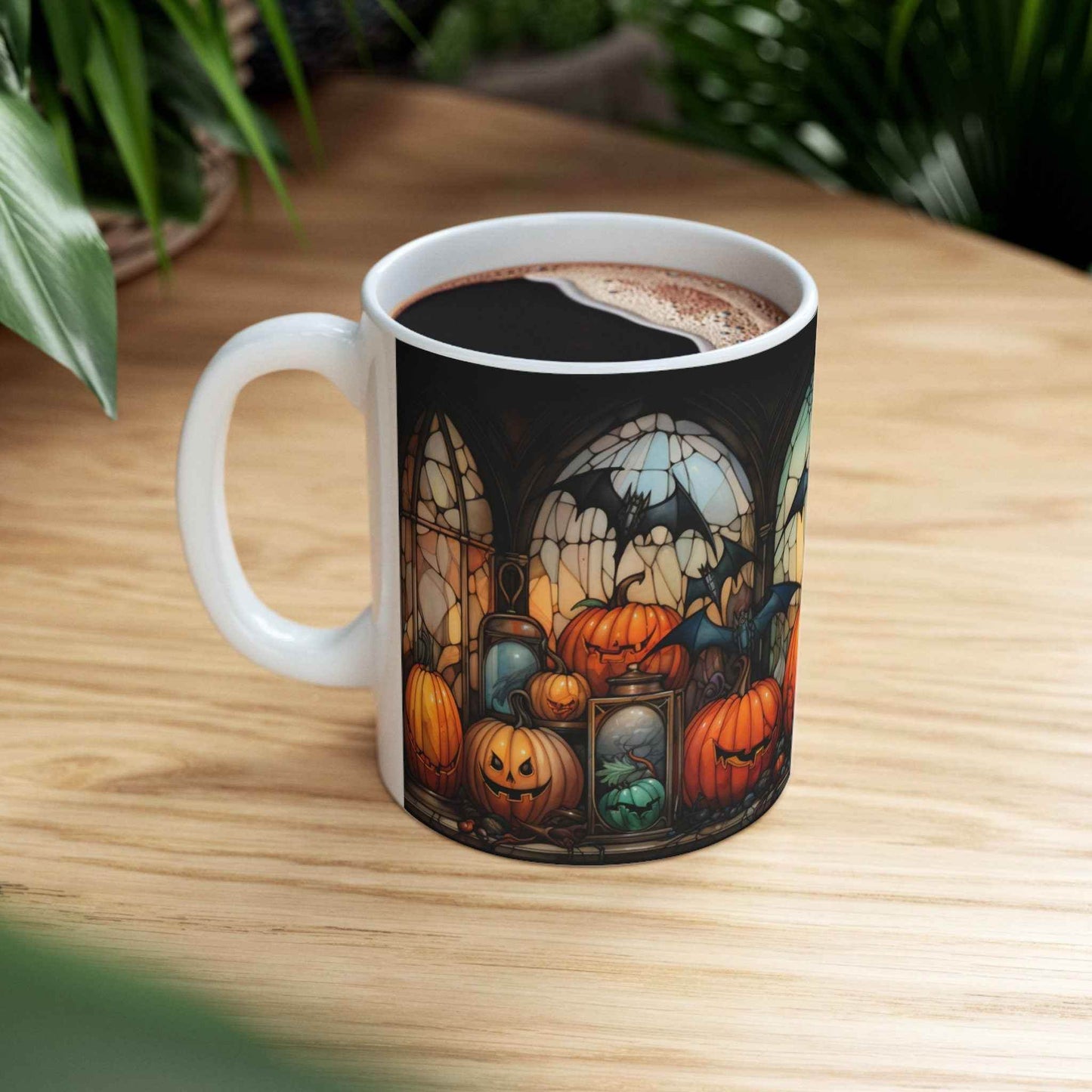 Halloween Coffee Mug - Cute Pumpkin Stained Glass Ceramic, 11oz Dishwasher Safe - timelessbohochic.com