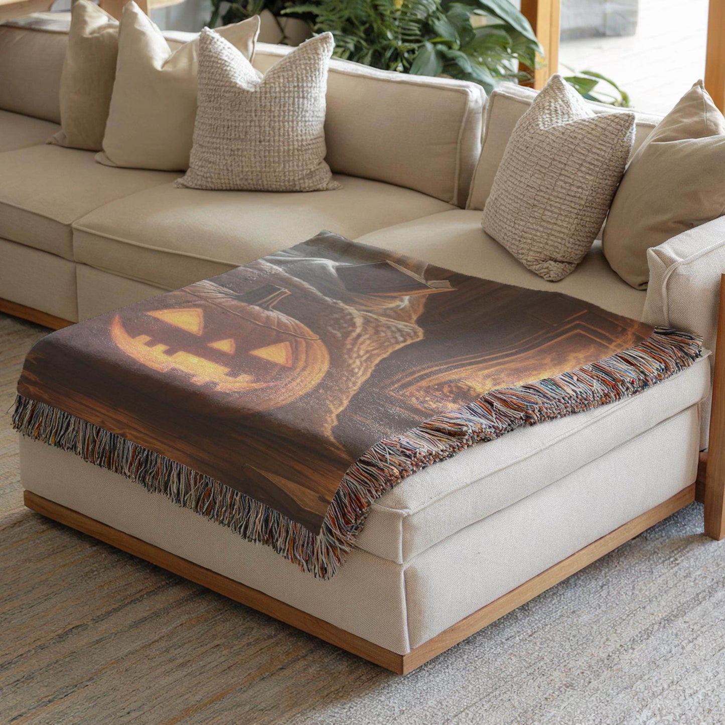Halloween Living Room Blanket - Cozy Fall Cotton Woven Throw with Black Cat Tapestry - timelessbohochic.com