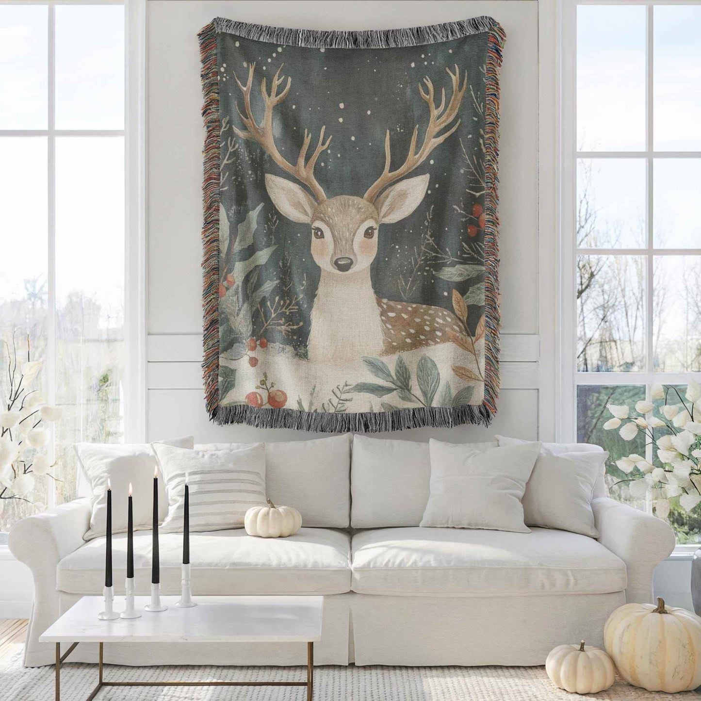 Woodland Animal Throw | Cozy Winter Blanket With Bambi & Holly Design - Rustic Cotton - timelessbohochic.com